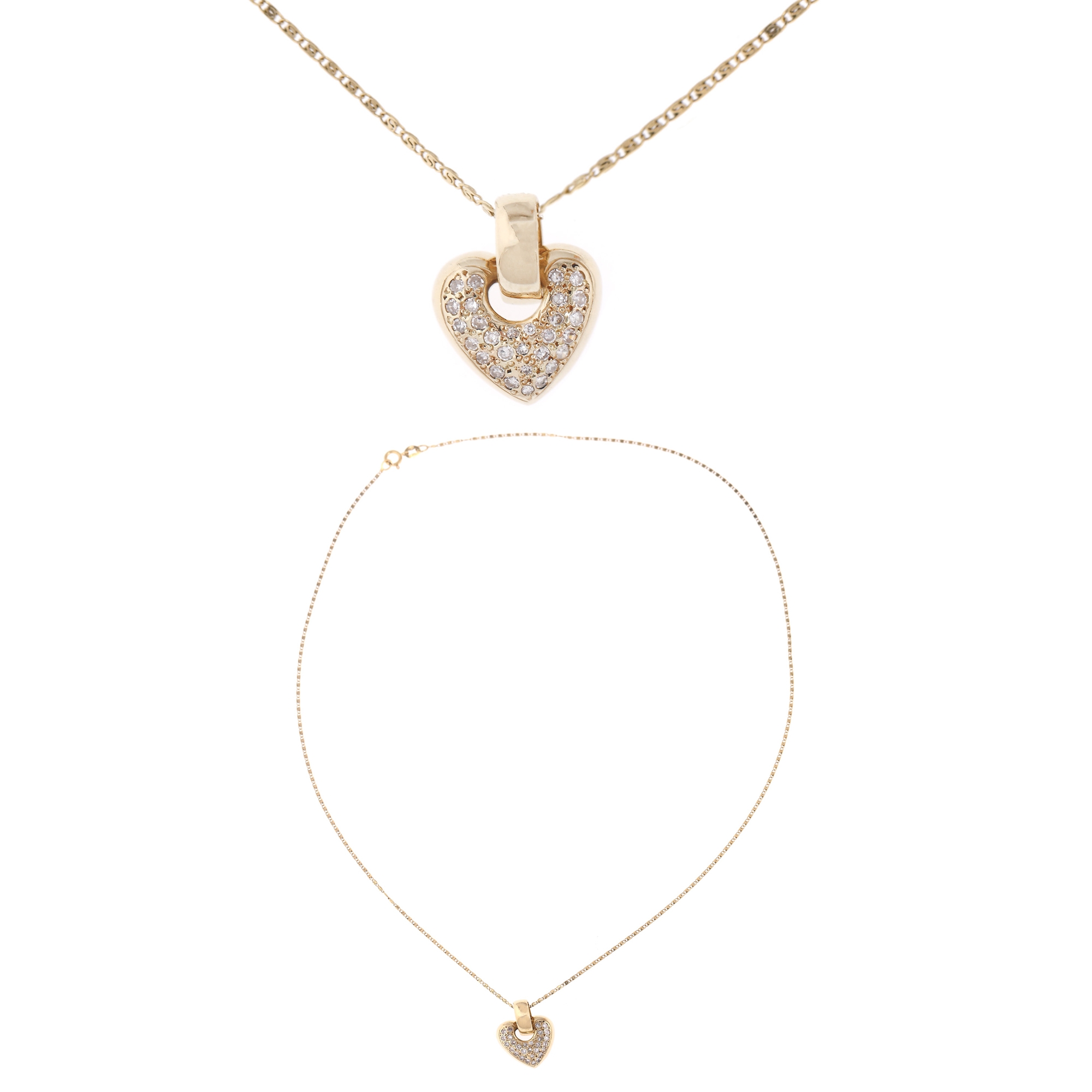 Chain with heart shaped gold pendant, decorated with diamonds