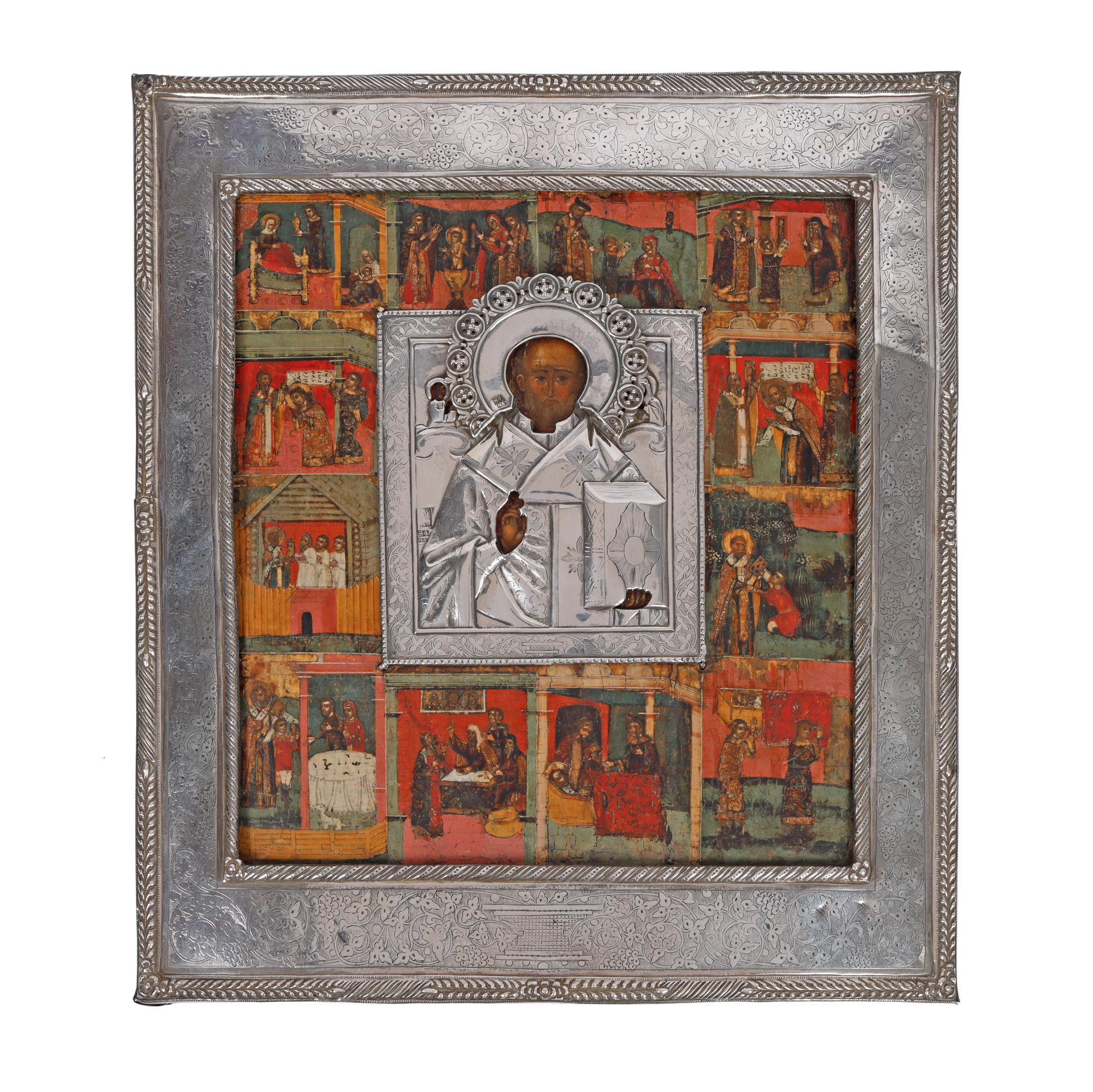 Holiday icon on wood, with silver ferrule, "Saint Nicholas and 12 scenes from his life", Russian school, 18th century