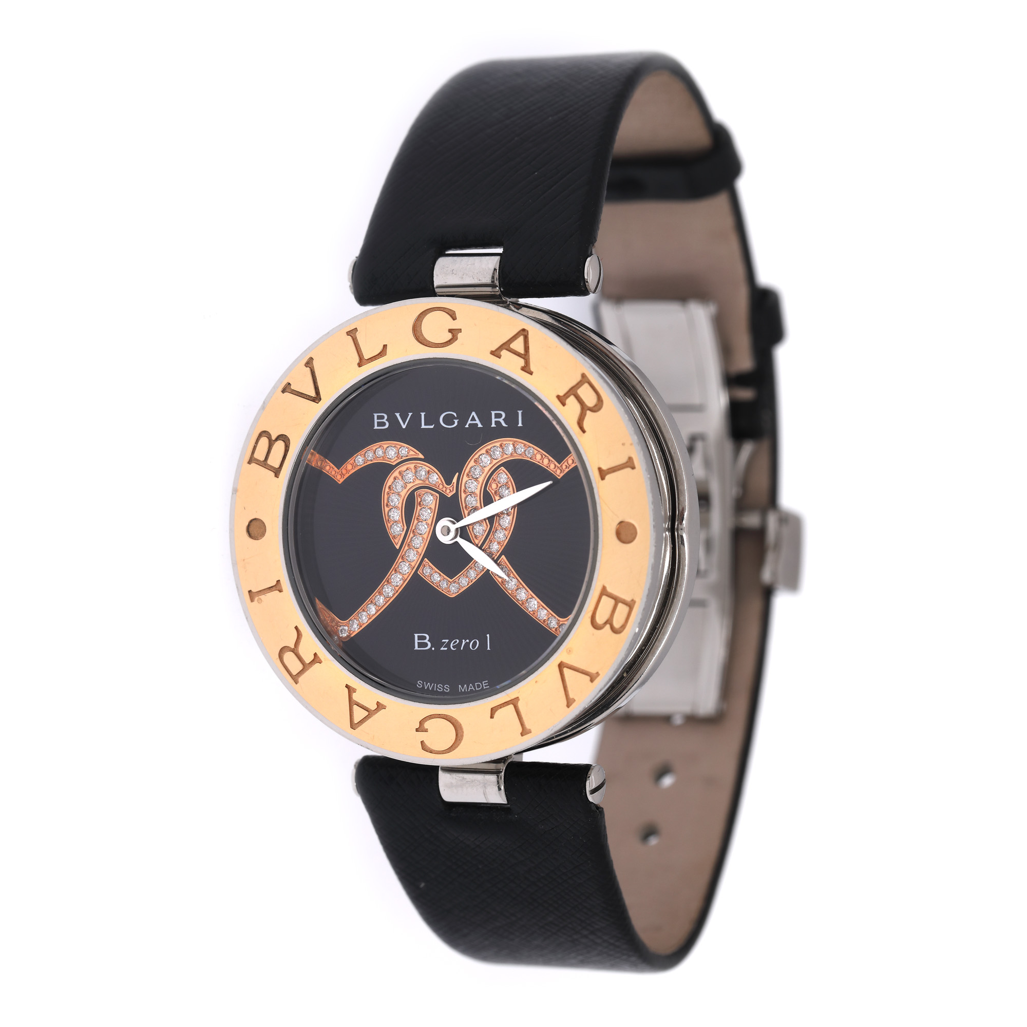 Ceas Bvlgari B.zero1, din aur roz și oțel, decorat cu inimi pavate cu diamante, de mână, de damă