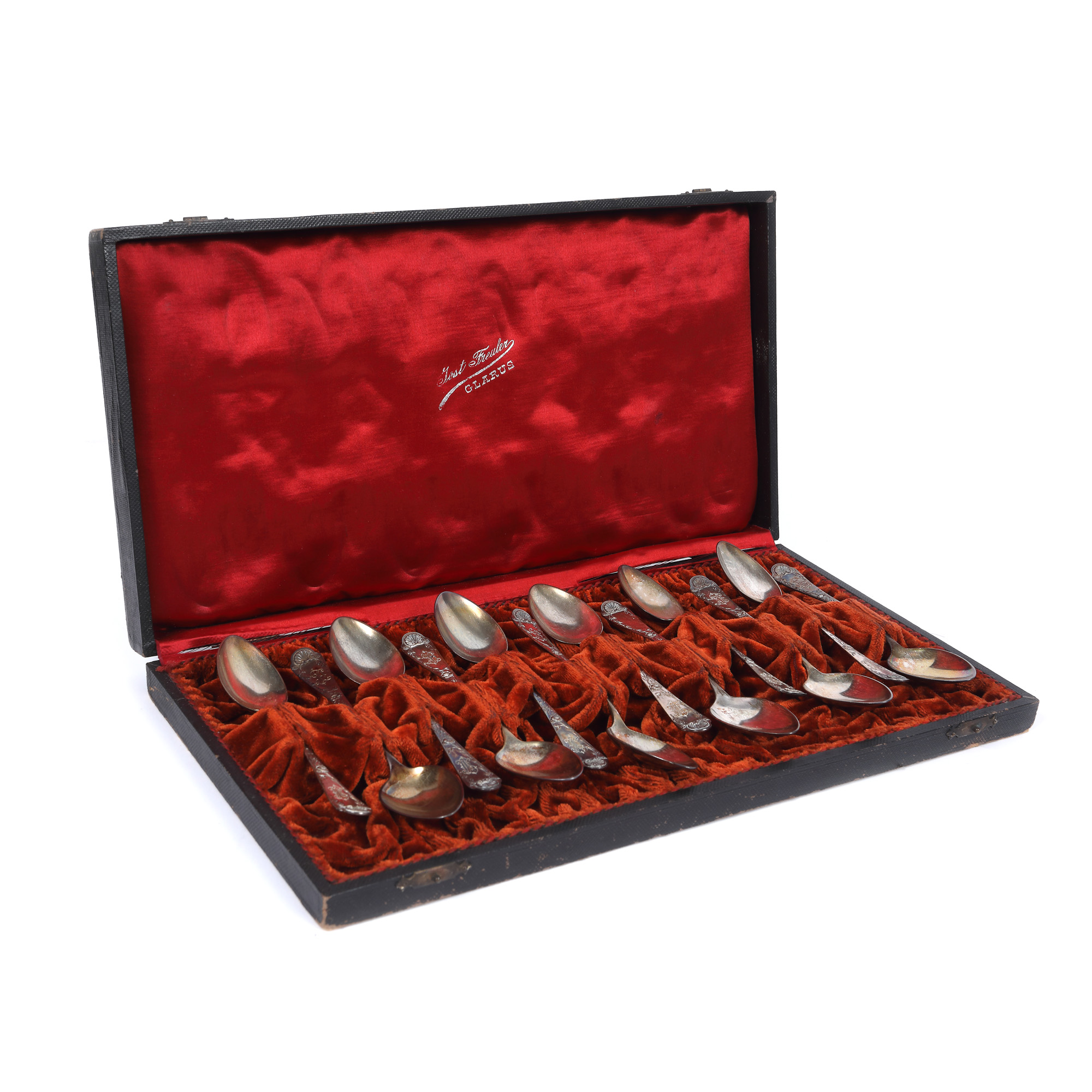 Koch & Bergfeld silver set, consisting of 12 teaspoons, floral decoration, approx. 1870-1880