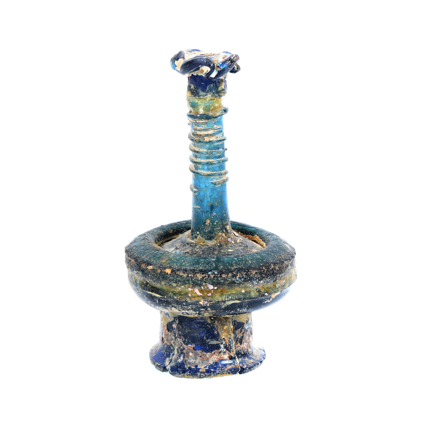 Beautiful unguentarium made of glass, in the shape of a well, the colour of cobalt, Syria, the late Roman period, the 4th-5th century