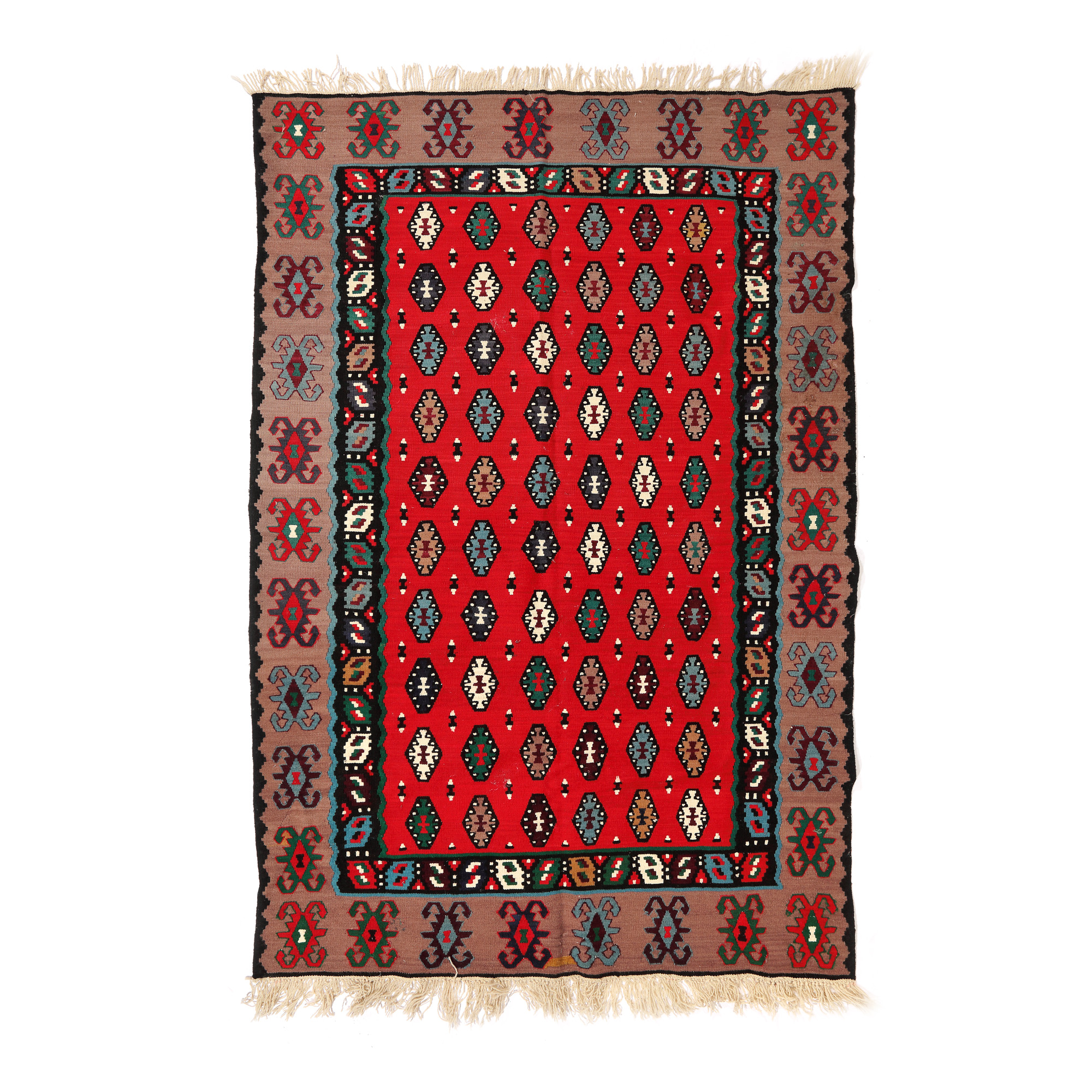 Carpet made of wool, decorated with rhombus and the motif of ram horns, Pyrot centre, Serbia, mid 20th century