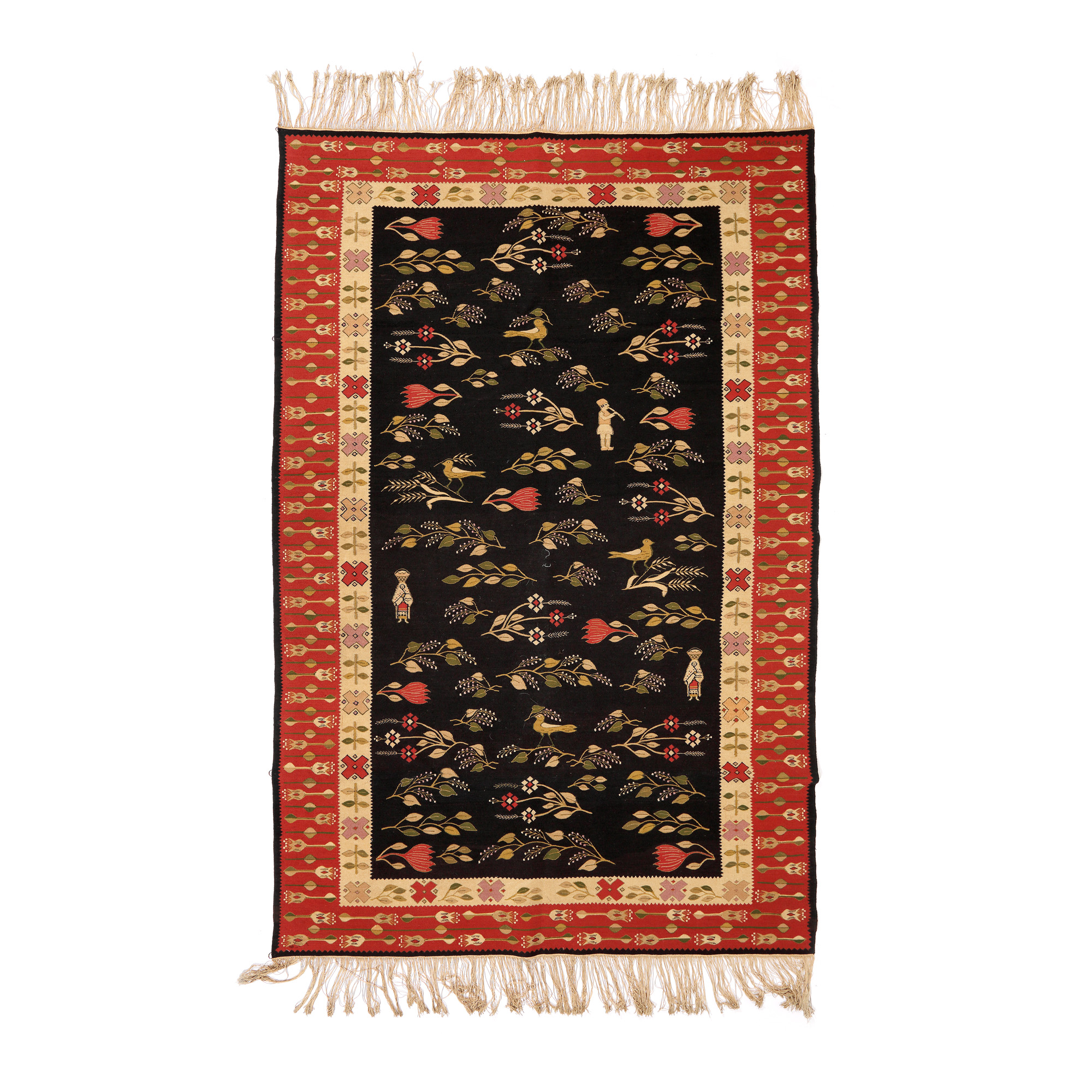 Carpet from Oltenia made of wool, decorated with floral motifs and shepherd playing the whistle, signed "Rotica", dated 1933