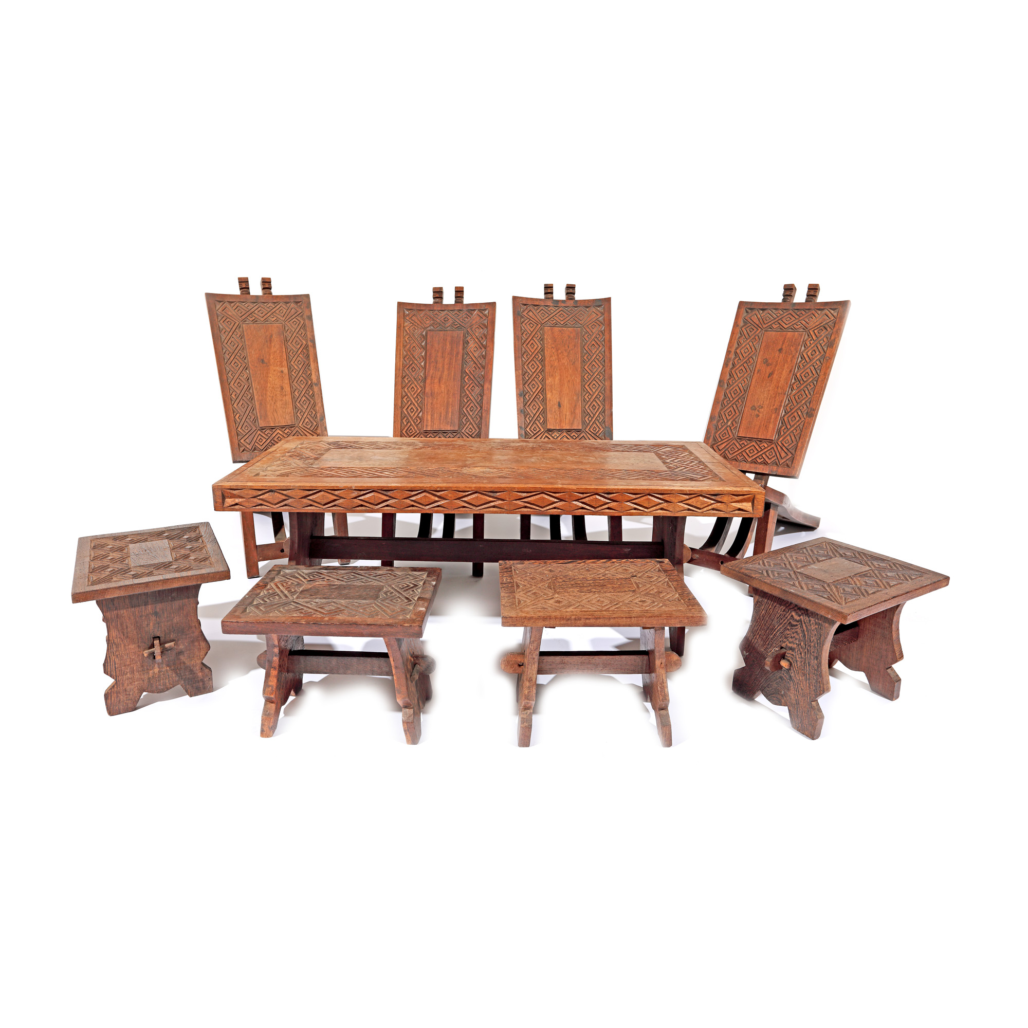 Batch consisting of four carved wooden chairs, four stools and a table, orientalising decoration, Zair