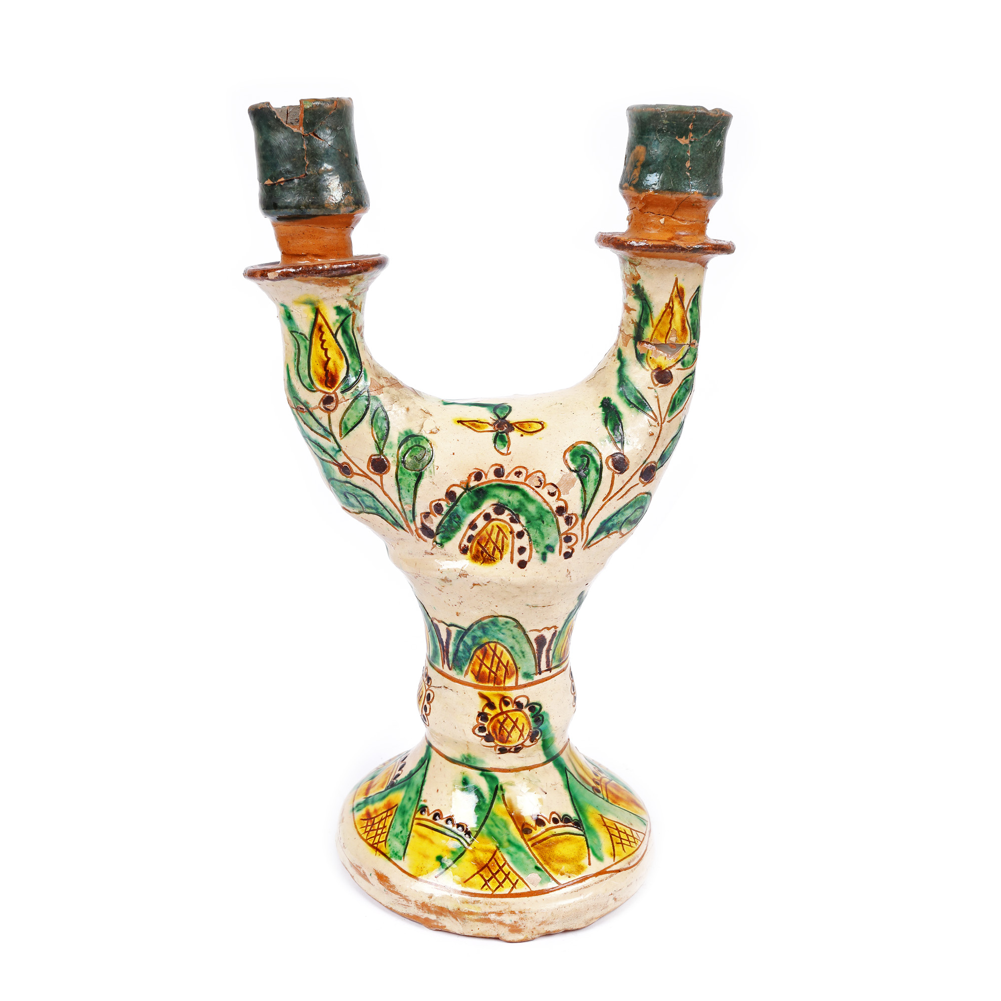 Ceramic candlestick decorated with sunflower, Kuty-type, Rădăuți, first half of the 20th century, from the collection of painter Vasile Grigore 