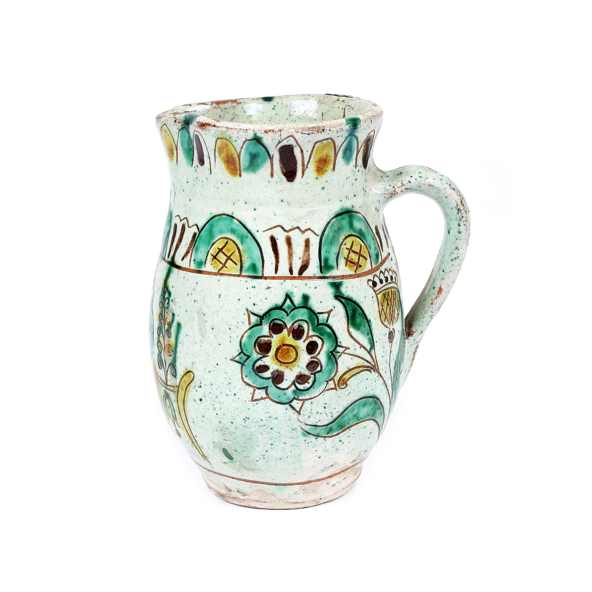 Ceramic milk jug, decorated with a couple of newlyweds, Kuty-type, Rădăuți, mid 20th century, from the collection of painter Vasile Grigore