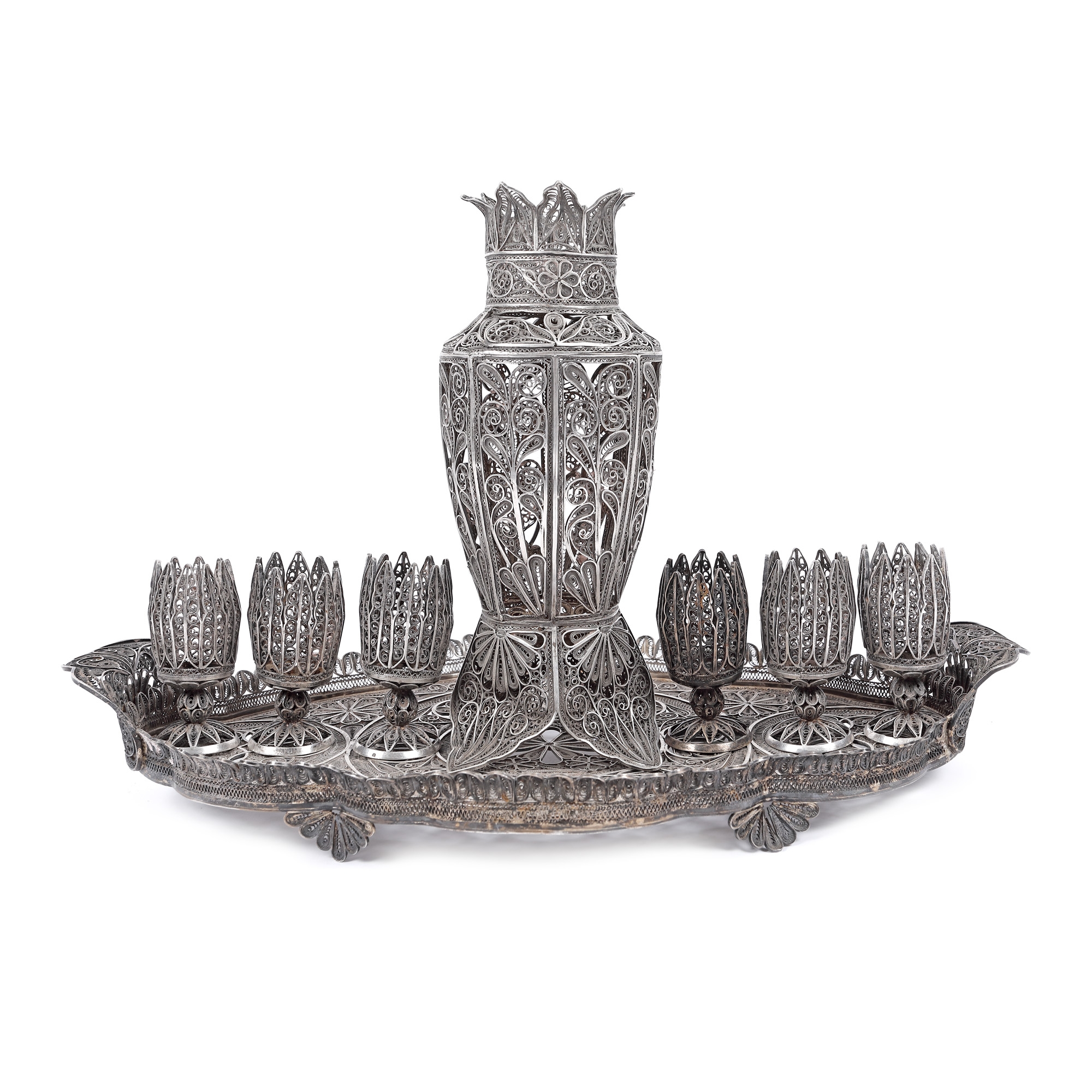 Set made of filigree silver, consisting of six cup bases, dish and tray, Romanian workshop, the first half of the 20th century