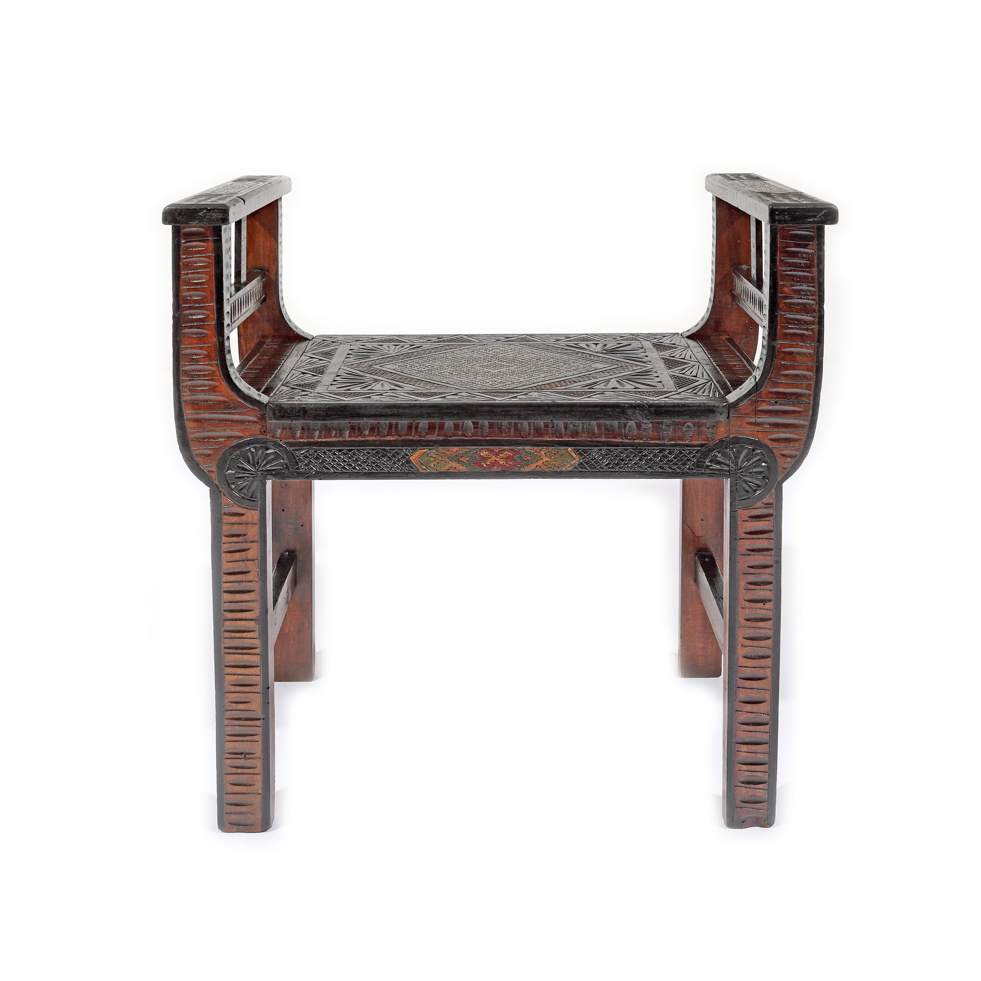 Bench decorated in Neo-Romanian style, made of painted lime wood, the first half of the 20th century