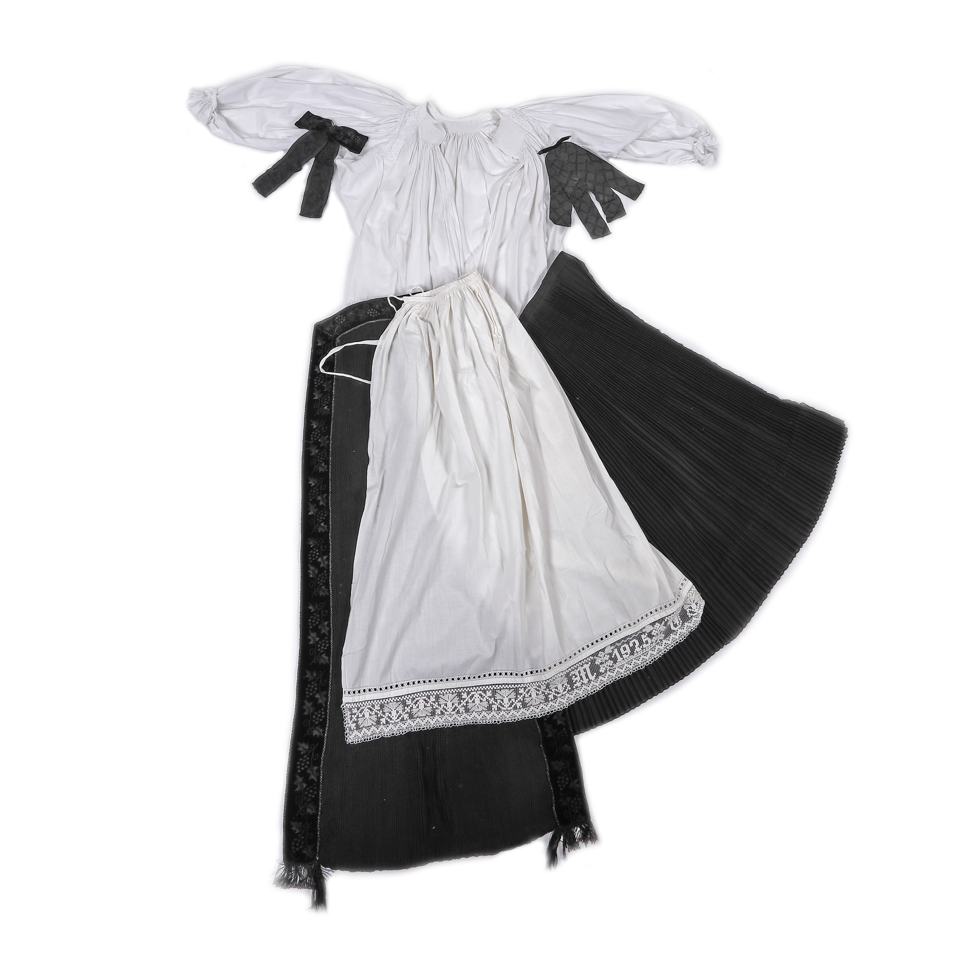 Traditional old Transylvanian Saxon costume, consisting of six pieces, blouse with attached bottoms, dress, apron, cape for the church and two bride bows, Transylvania, dated 1925, unique piece
