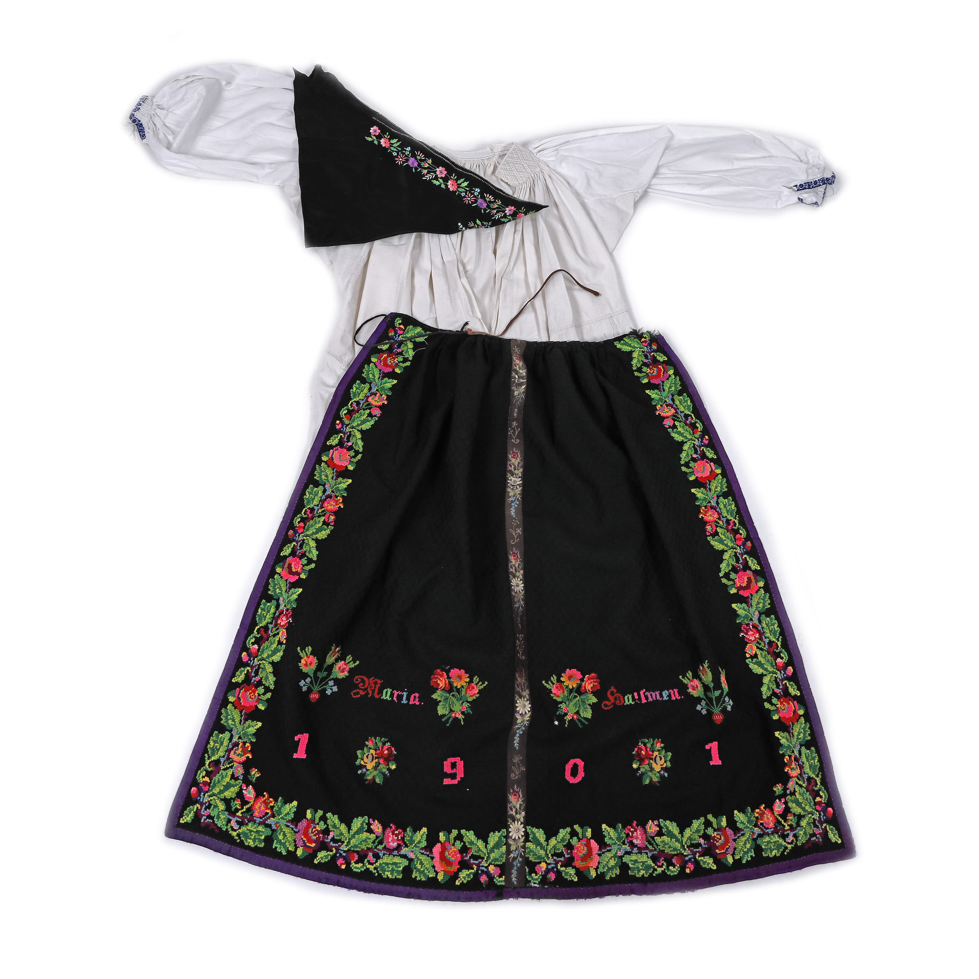 Traditional old Transylvanian Saxon costume, consisting of four pieces, shirt, apron, church cloak and head dress, Transylvania, dated 1901