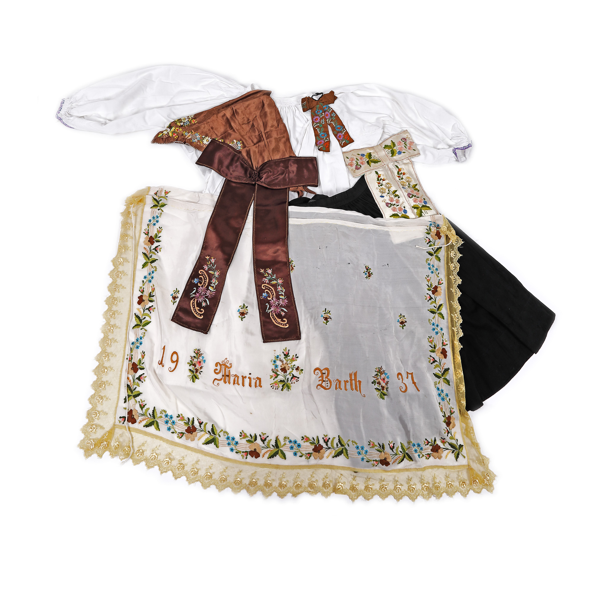 Traditional old Transylvanian Saxon costume, consisting of seven pieces, shirt with compact bottoms, dress, front apron, three bows and a head dress, Transylvania, dated 1937