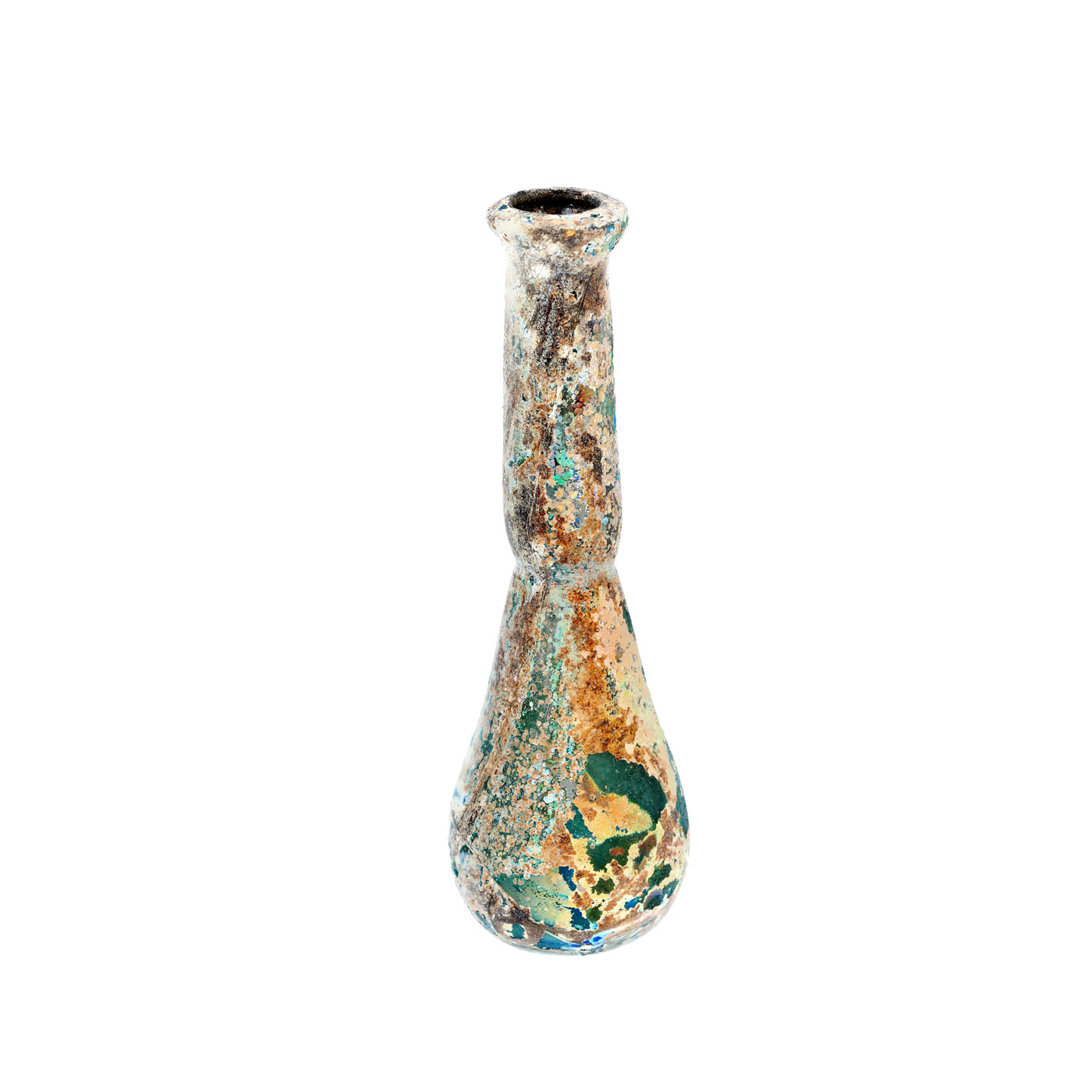 Pyriform unguentarium made of glass, with silver iridescent applications, Syria, the Roman period, the 1st-2nd century