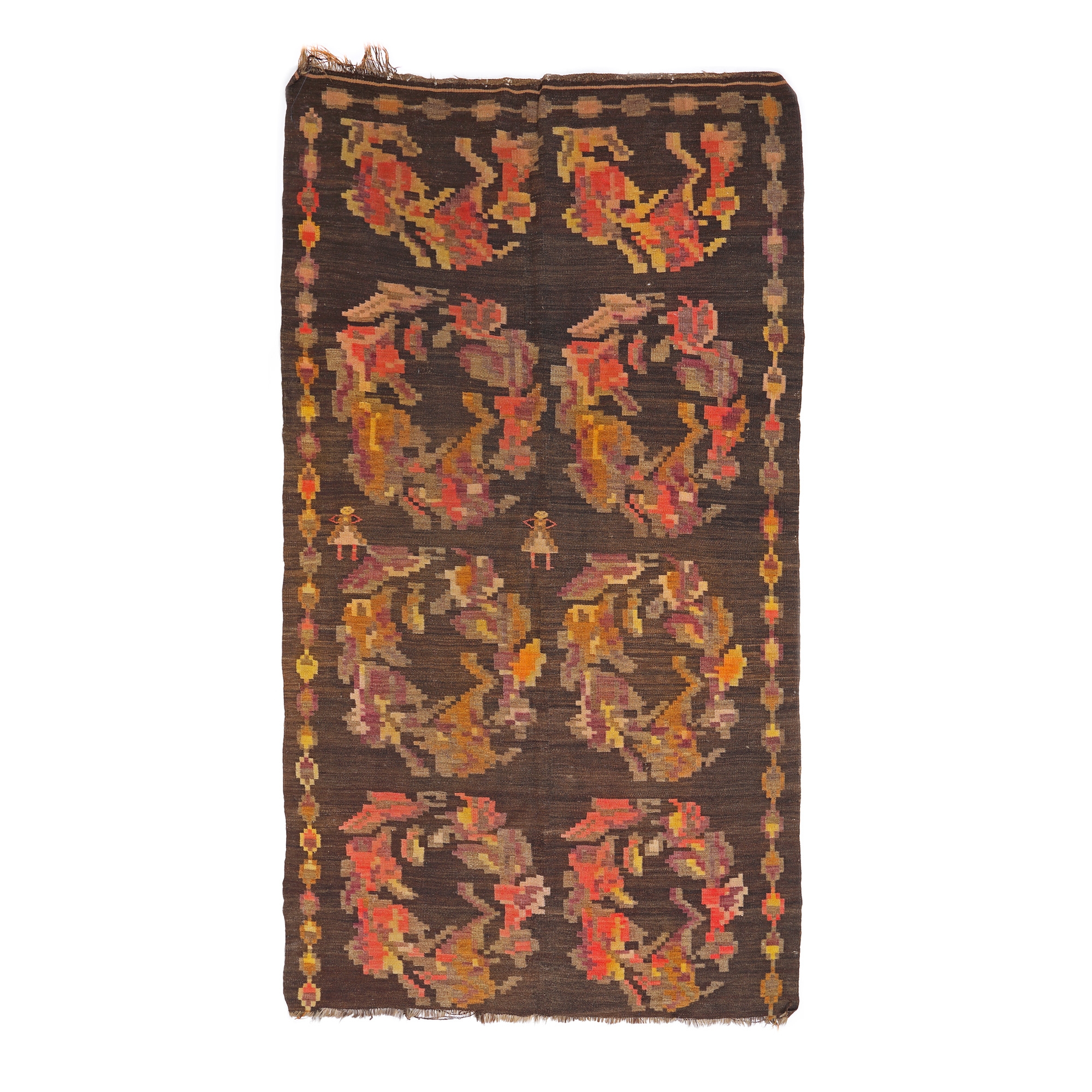 Carpet from Bessarabia made of wool, decorated with feminine silhouettes and floral motifs, 19th century, rare piece