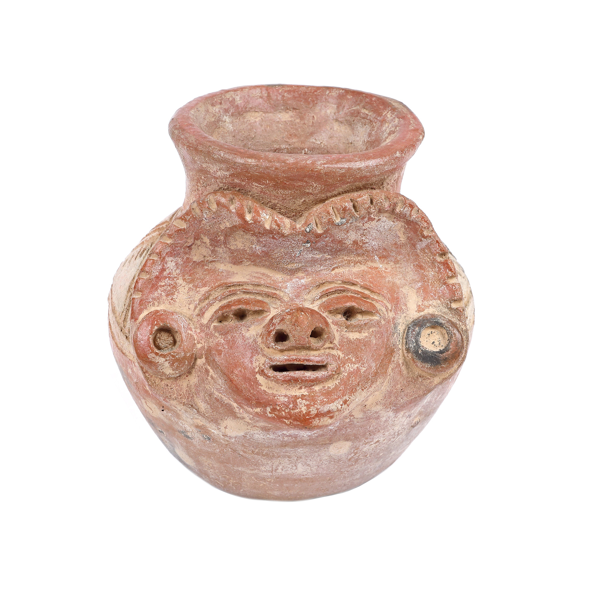 Ceramic vessel decorated with anthropomorphic representations; Amerindian/Pre-Columbian; geometric decoration on the body, about 1000-1470 AD