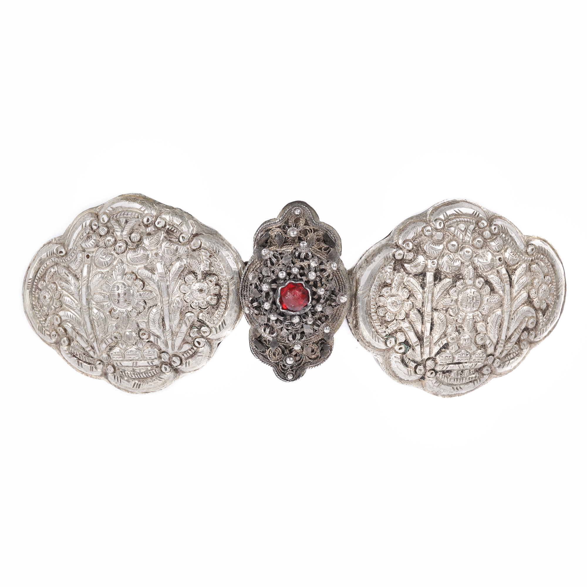 Silver buckle, Balkan circulation, decorated in two techniques, the central filigree piece with glass cabochon and the side pieces with small churches and the motif of the Garden of Eden, Bulgaria, the end of the 19th century