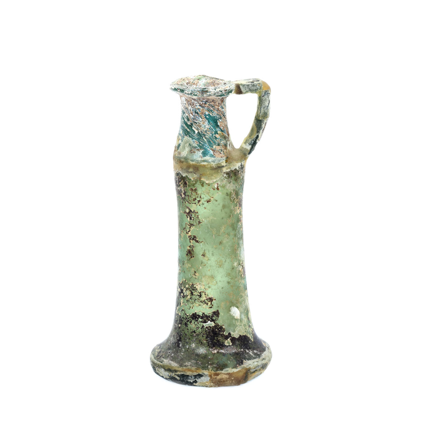 Unguentarium din sticlă în forma unui ulcior înalt, irizații metalice, Siria, epoca romană, sec. I-III, piesă rară, de colecție