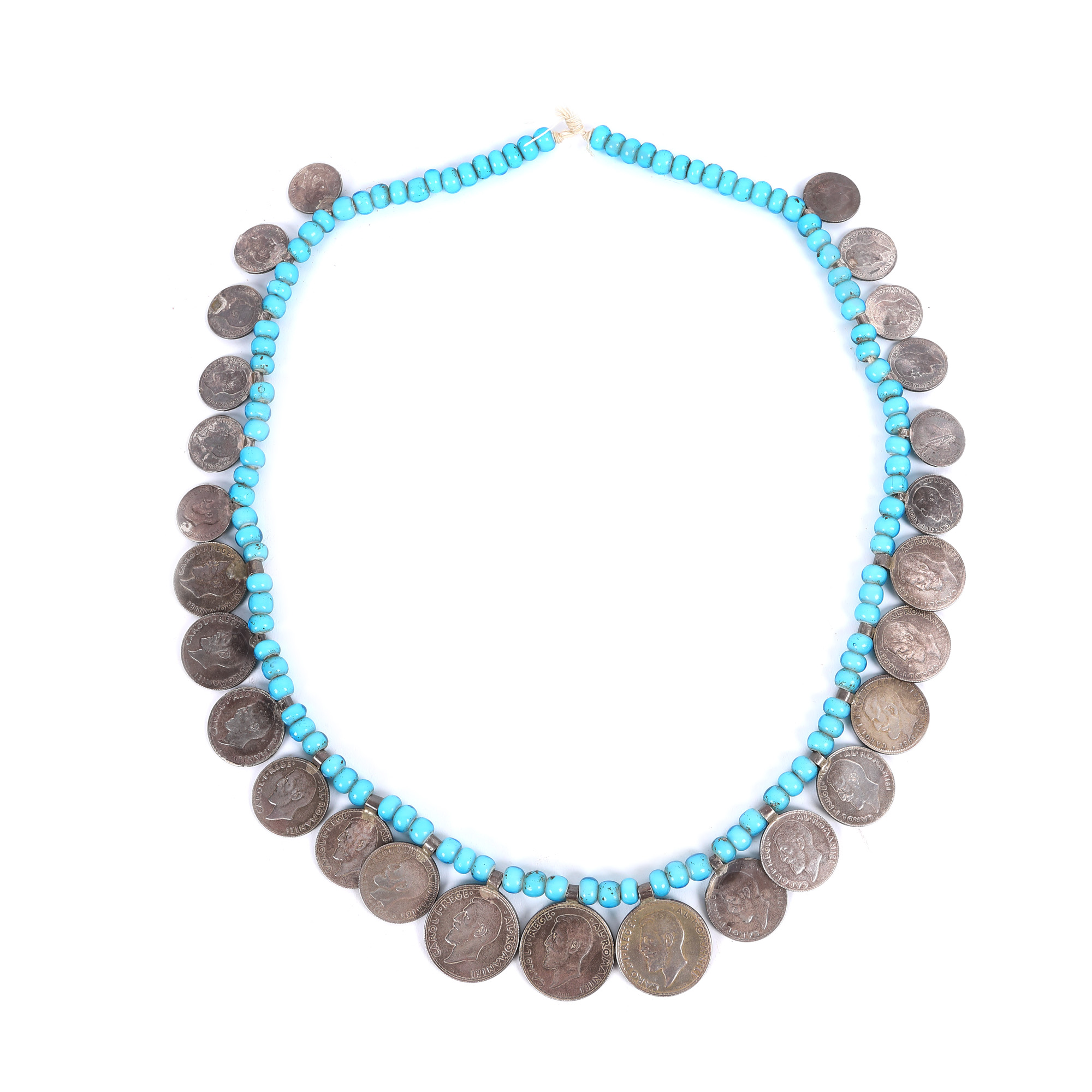 Long neck ornament, with Romanian coins, King Carol I and Venetian beads, the area of Moldova, the beginning of the 20th century