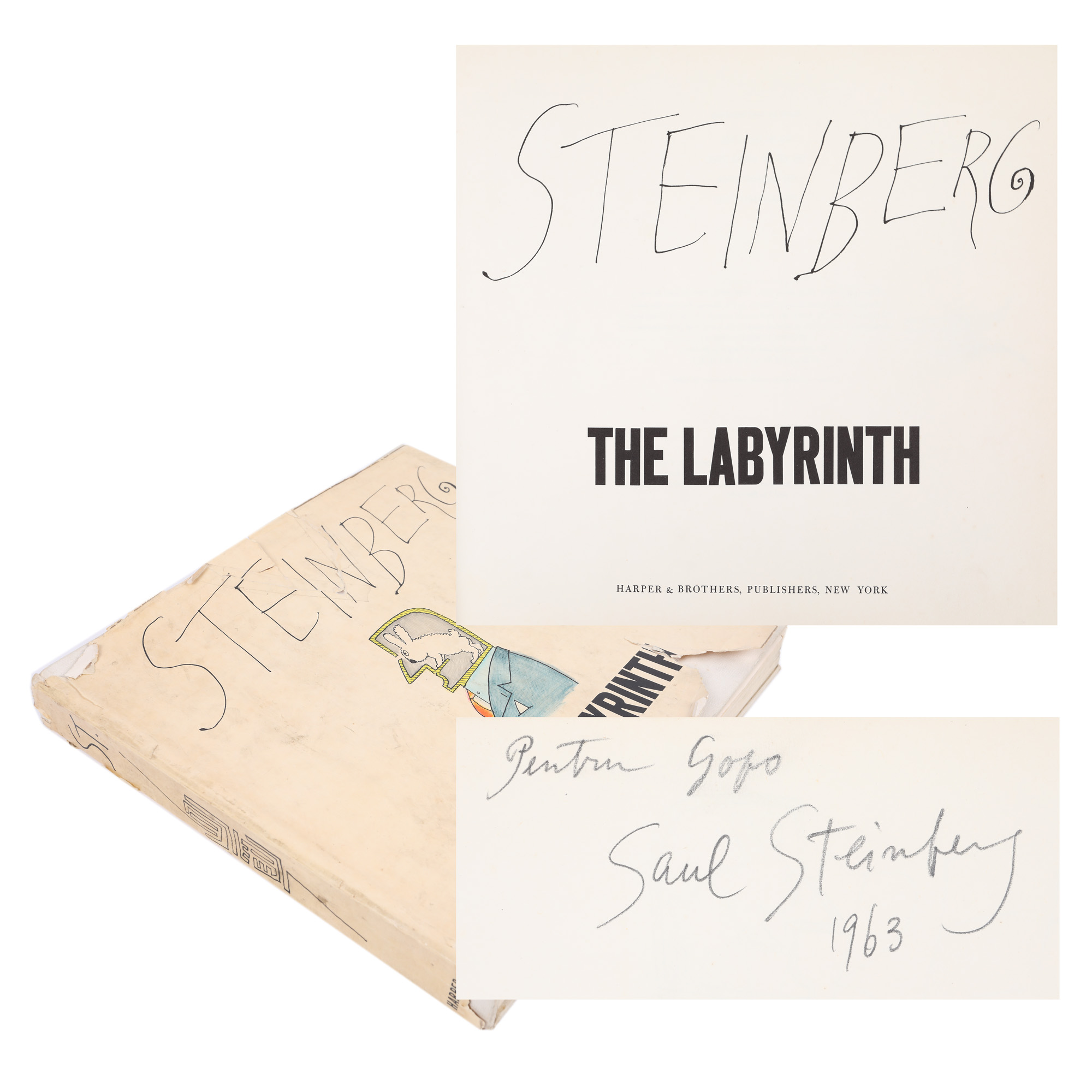 ”The Labyrinth”, de Saul Steinberg, New York, 1960, cu 341 de litografii și dedicația autorului către Ion Popescu Gopo