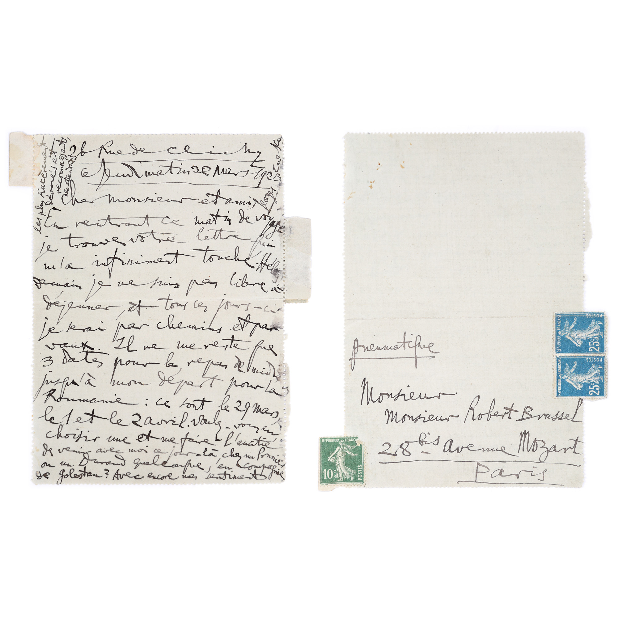 Scrisoare amicală trimisă de George Enescu către prietenul și criticului muzical Robert Brussel, Paris, 1923, cu semnătura olografă a compozitorului