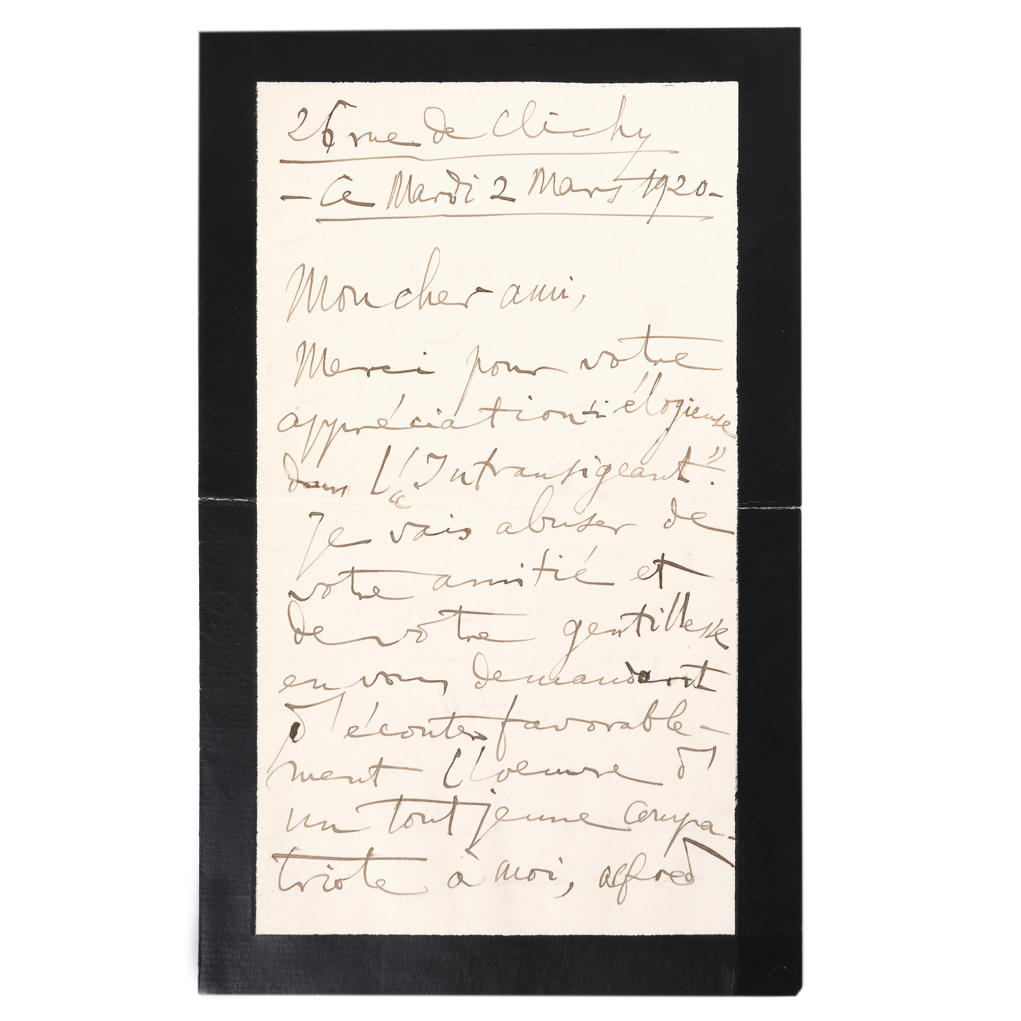 Friendly letter sent by George Enescu to friend and musical critic Robert Brussel, Paris, 1920, with the handwritten signature of the composer