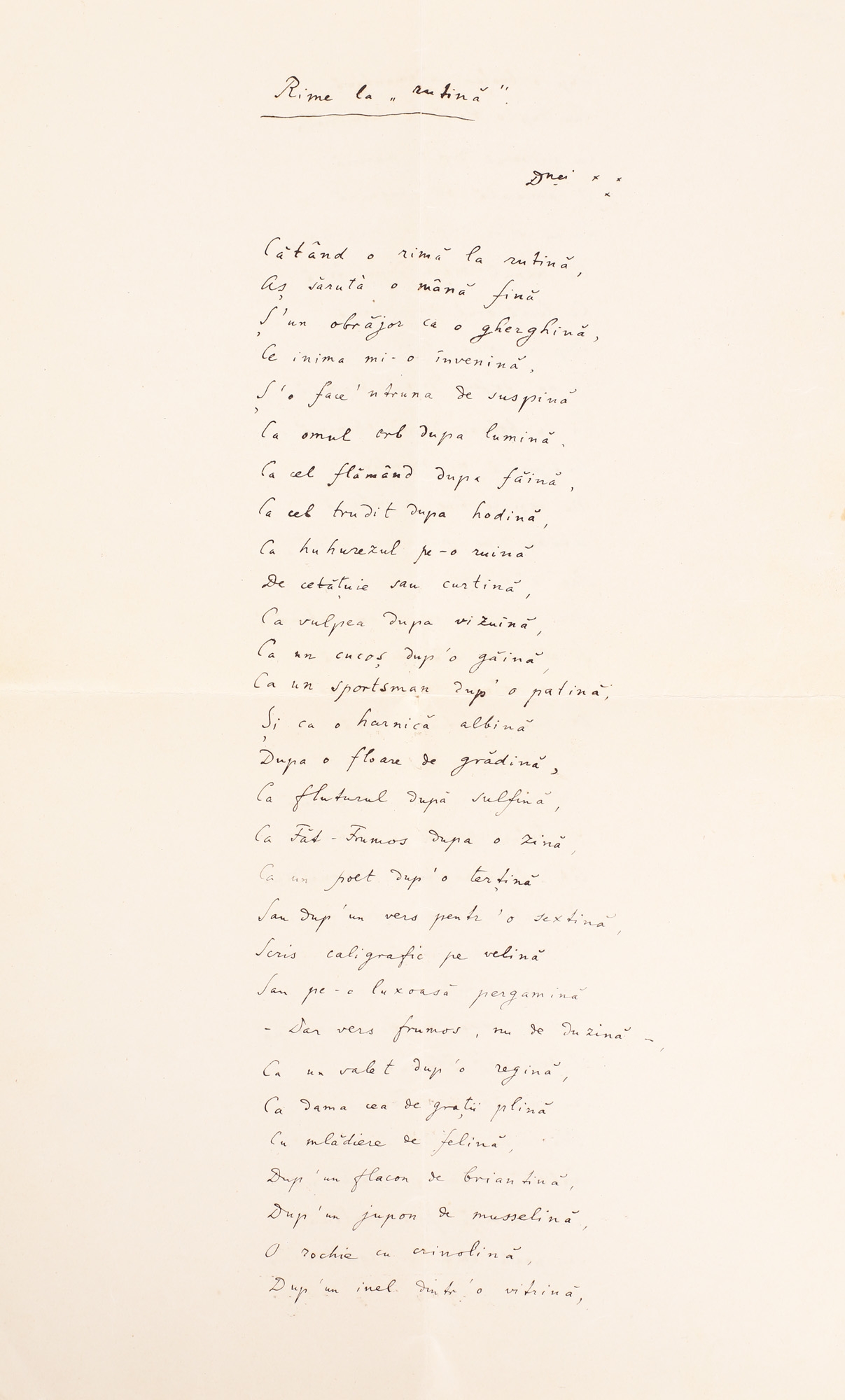 Manuscript of the poem "Rime la rutină" ("Routine rhymes"), by T.A. Naum, Member of the Junimea Literary Society (2 pages)