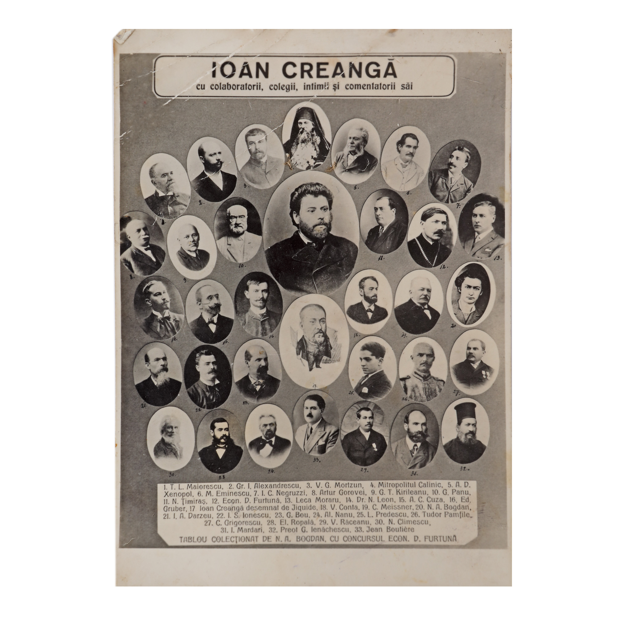 Postcard, illustrating Ion Creangă, Mihai Eminescu, with collaborators, colleagues and commentators, ca. 1930, with ex-libris "N.A. Bogdan", rare item