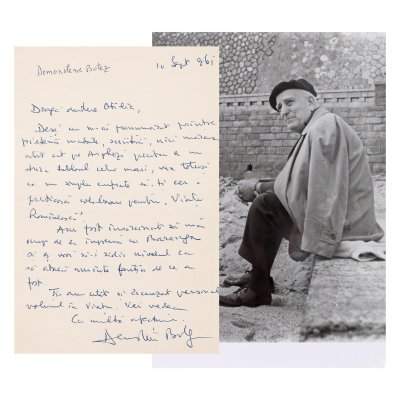 Batch consisting of a photo illustrating Demostene Botez and letter sent by Demostene Botez to Otilia Cazimir, asking her about a collaboration for the magazine 'Viața Romîneasca'’ ("Romanian life"), September 10th, 1961, with handwritten signature