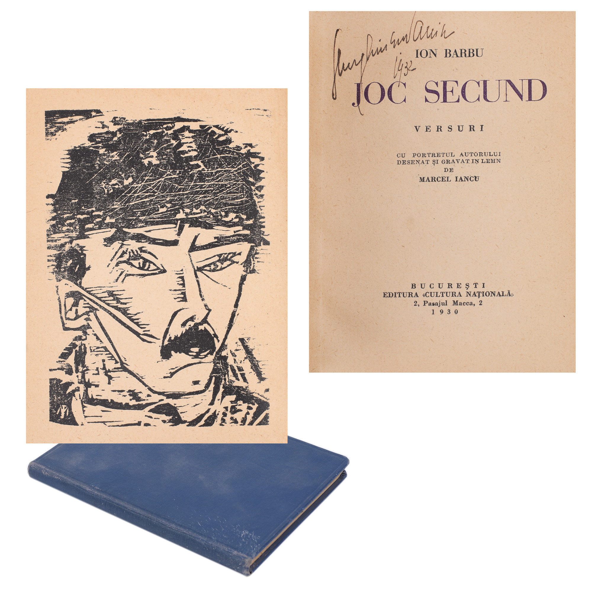 "Joc secund" ("Second Game") by Ion Barbu, editio princeps, Bucharest, 1930, with a portrait of the author by Marcel Iancu, with ex-libris, comes from the Vania Gherghinescu collection