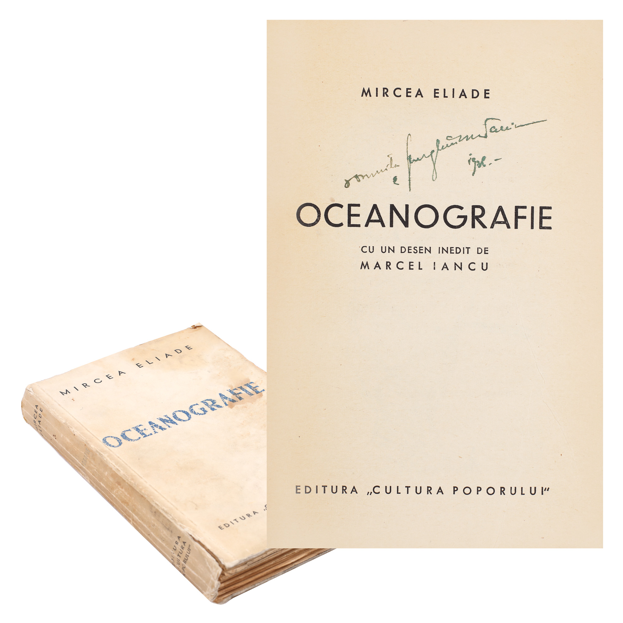"Oceanografie" ("Oceanography"), by Mircea Eliade, editio princeps, 1934, with an illustration by Marcel Iancu, with ex-libris, comes from the Vania Gherghinescu collection