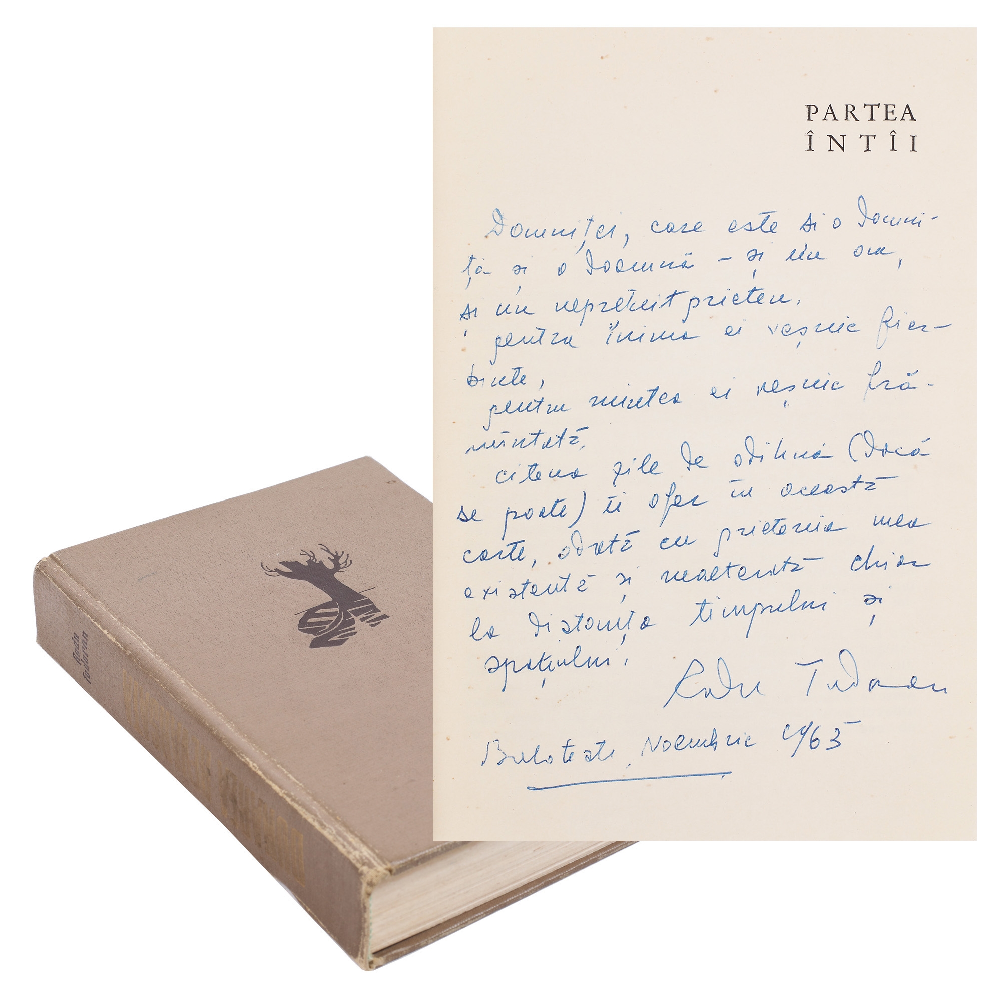”Dunărea revărsată”, de Radu Tudoran, București, 1963, cu dedicația și semnătura olografă a autorului, provine din colecția scriitorului Vania Gherghinescu