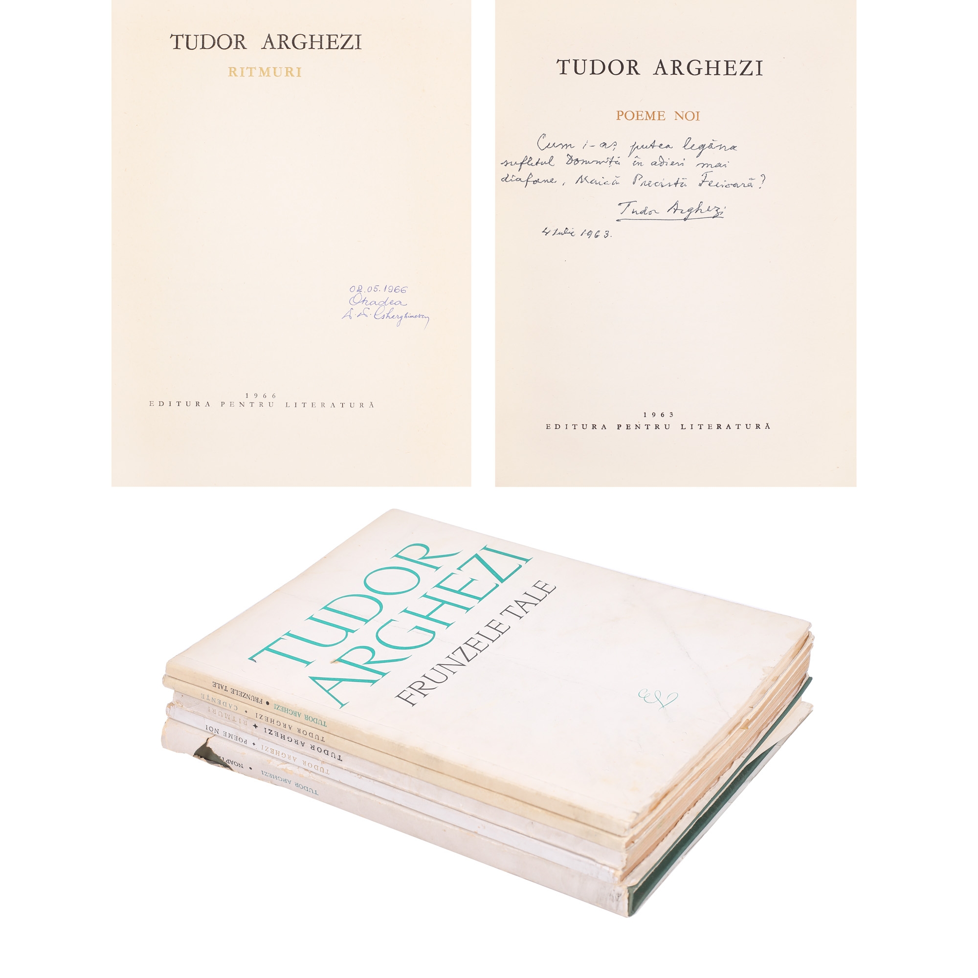 Lot format din ”Poeme noi”, de Tudor Arghezi, București, 1963, cu dedicația și semnătura autorului, și ”Cadențe”, ”Ritmuri”, ”Noaptea” și ”Frunzele Tale”, de Tudor Arghezi, București, 1964-1968, provine din colecția scriitorului Vania Gherghinescu