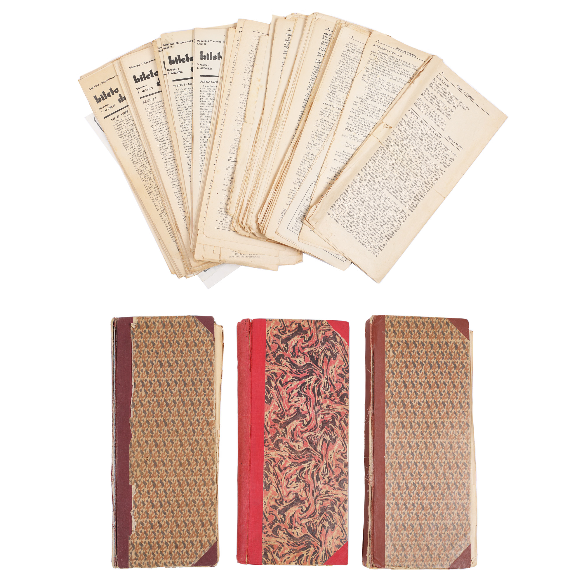 Collection of three linked volumes of "Bilete de papagal" ("Parrot tickets") magazine, numbers 1-300, 1928-1929