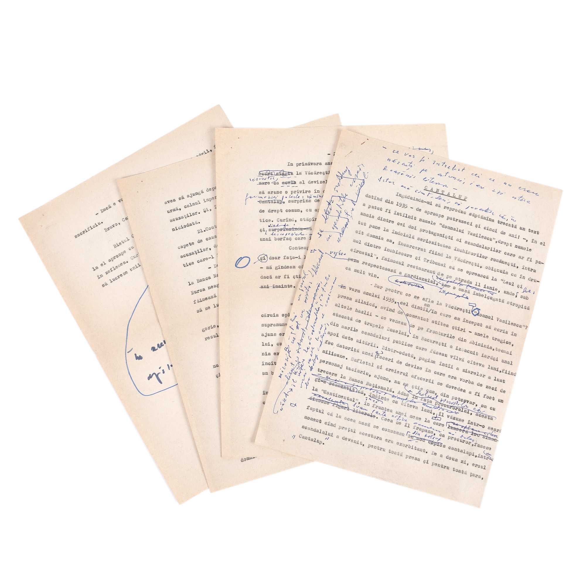 Manuscris ”Cantalup”, de Geo Bogza, cca. 1980, format din 4 file dactilografiate purtând corecturile și completările olografe ale acestuia, provine din colecția fostului ministru de externe George Macovescu