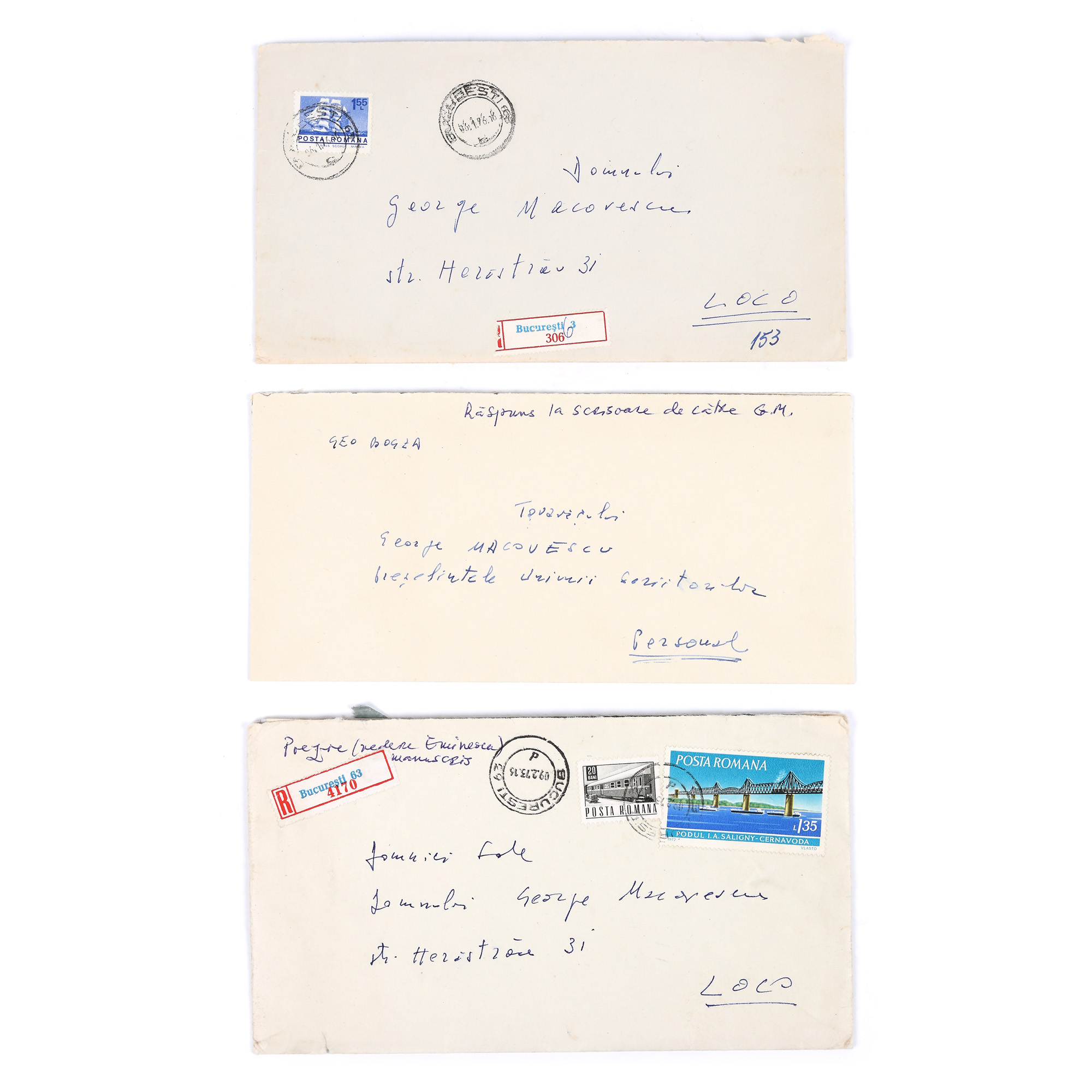 Batch consisting of 3 items of correspondence between Geo Bogza and George Macovescu, accompanied by envelopes and three photos depicting a statue of Mihai Eminescu, one of which with the handwritten notes of Geo Bogza, ca. 1980, comes from the collection of former Foreign Minister George Macovescu (5 pages)