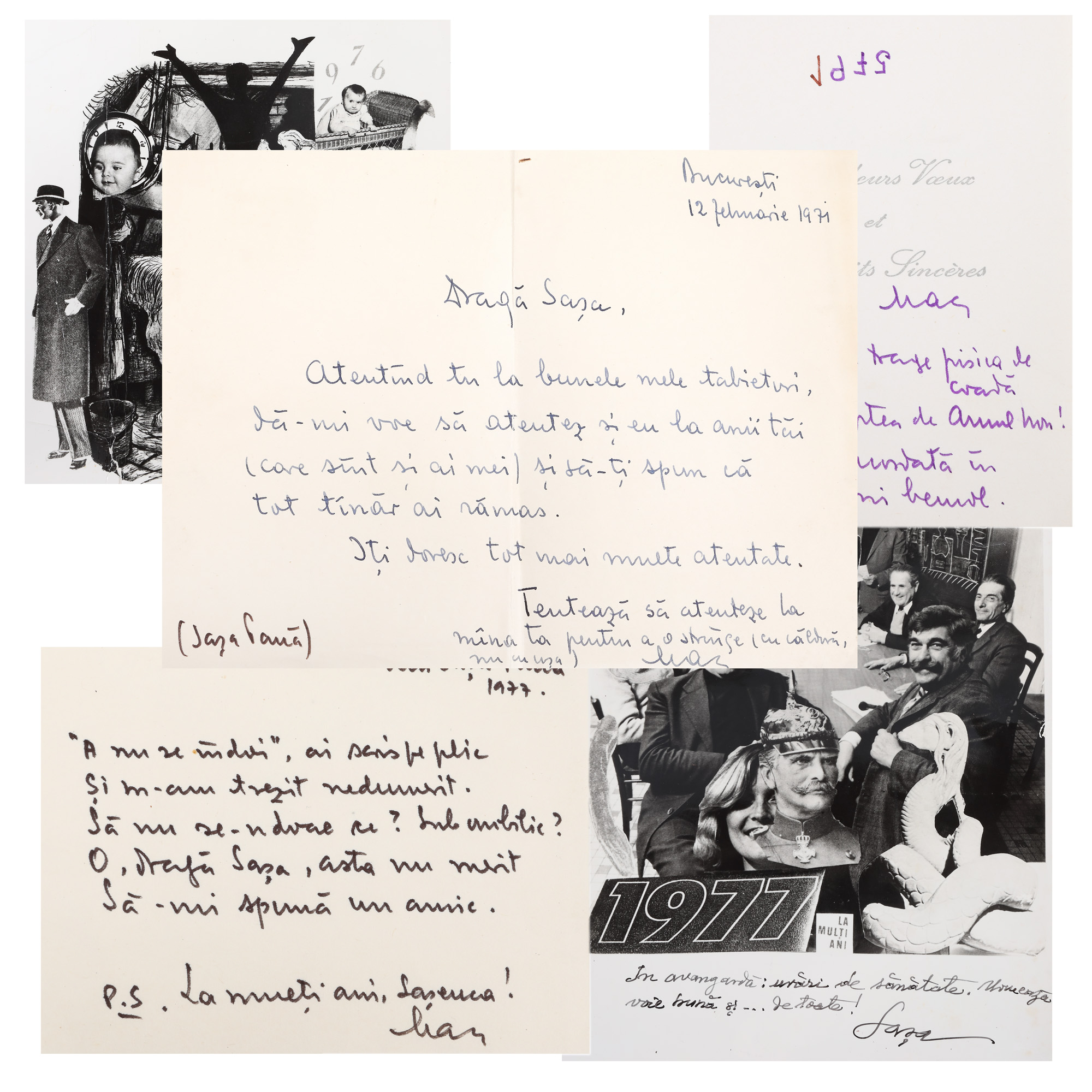 Lot format din două fotografii ilustrând colaje, cu dedicația și semnătura olografă ale lui Sașa Pană către George Macovescu, și corespondență de la George Macovescu către Sașa Pană, cca. 1977, provine din colecția fostului ministru de externe George Macovescu (4 file)