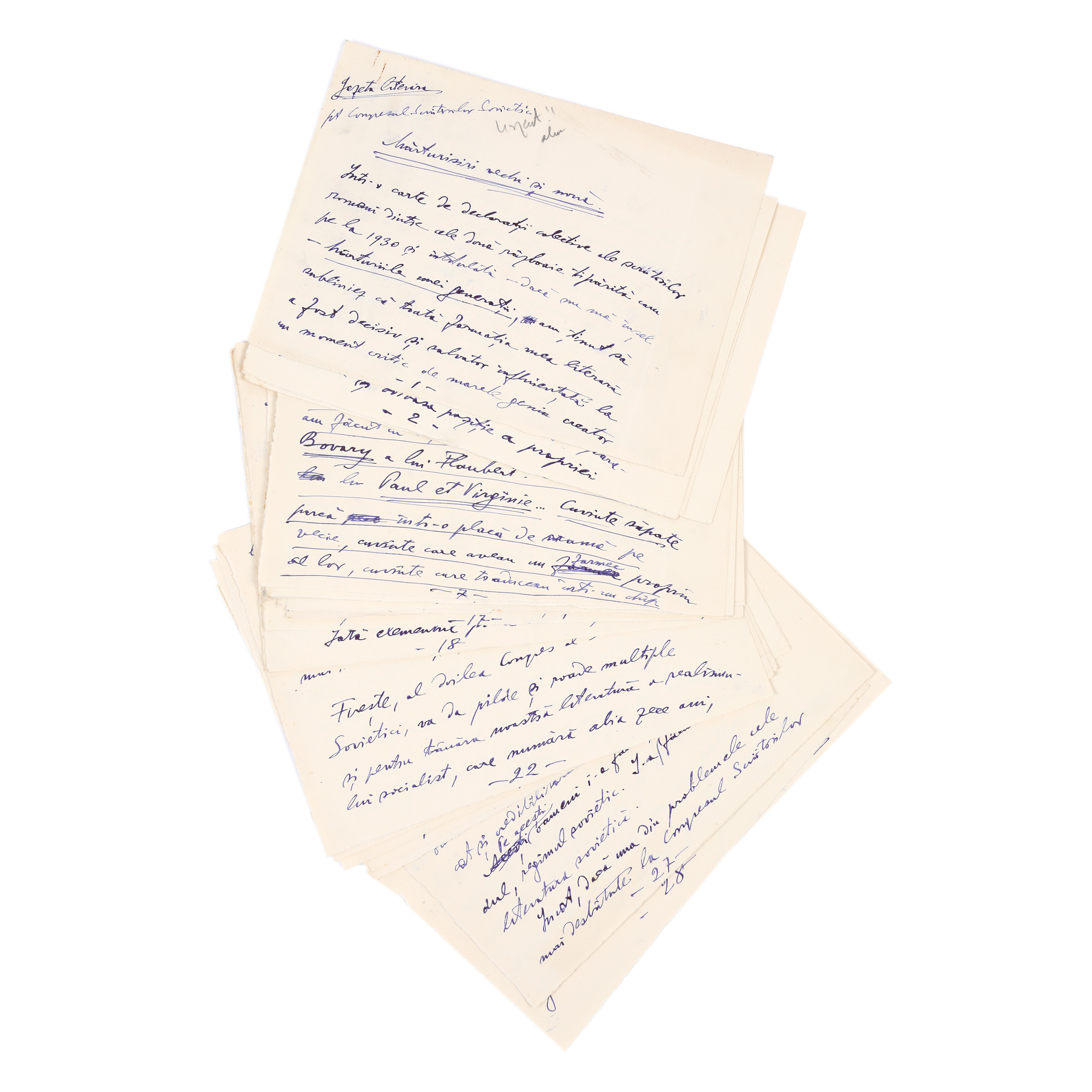 "Mărturisiri vechi și nouă" ("Old and new confessions") handwritten manuscript, by Cezar Petrescu, text regarding "Congresul Scriitorilor Sovietici" ("The Congress of Soviet Writers"), ca. 1955, comes from the archive of former Foreign Minister George Macovescu, (30 pages)