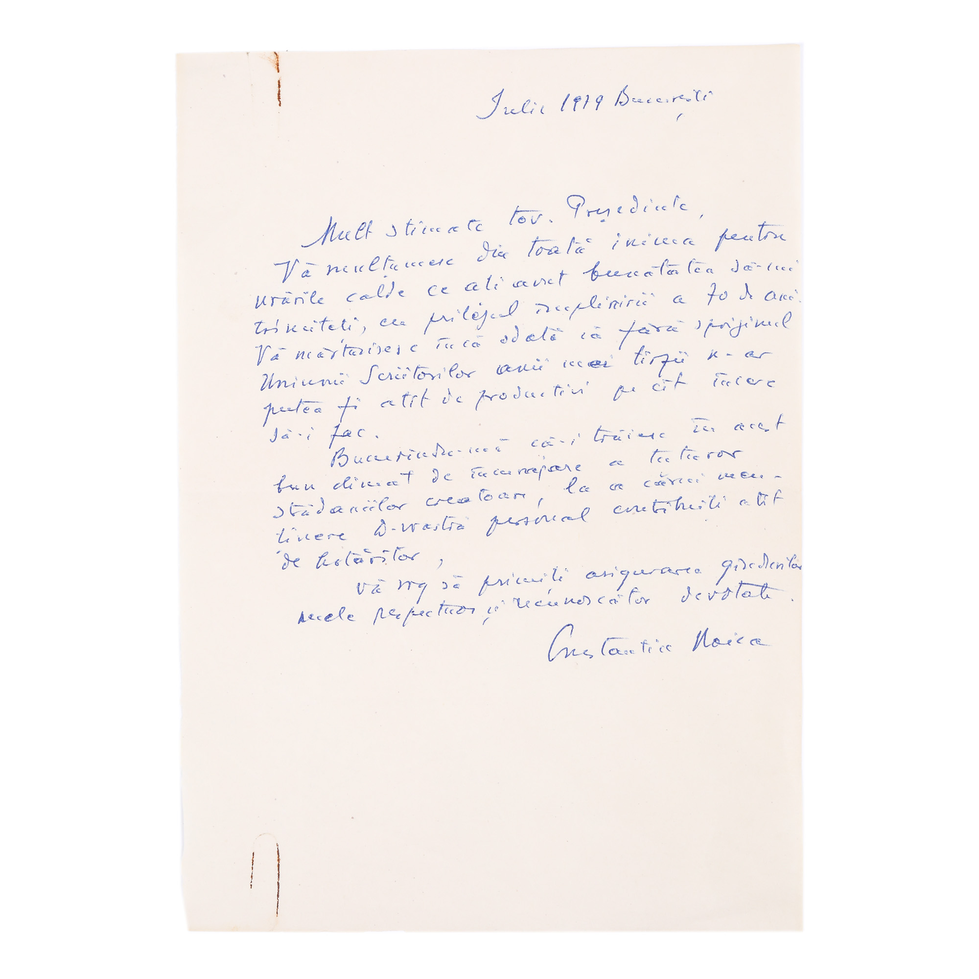 The handwritten letter sent by Constantin Noica to George Macovescu, Bucharest, July 17th, 1979, comes from the collection of former Foreign Minister George Macovescu