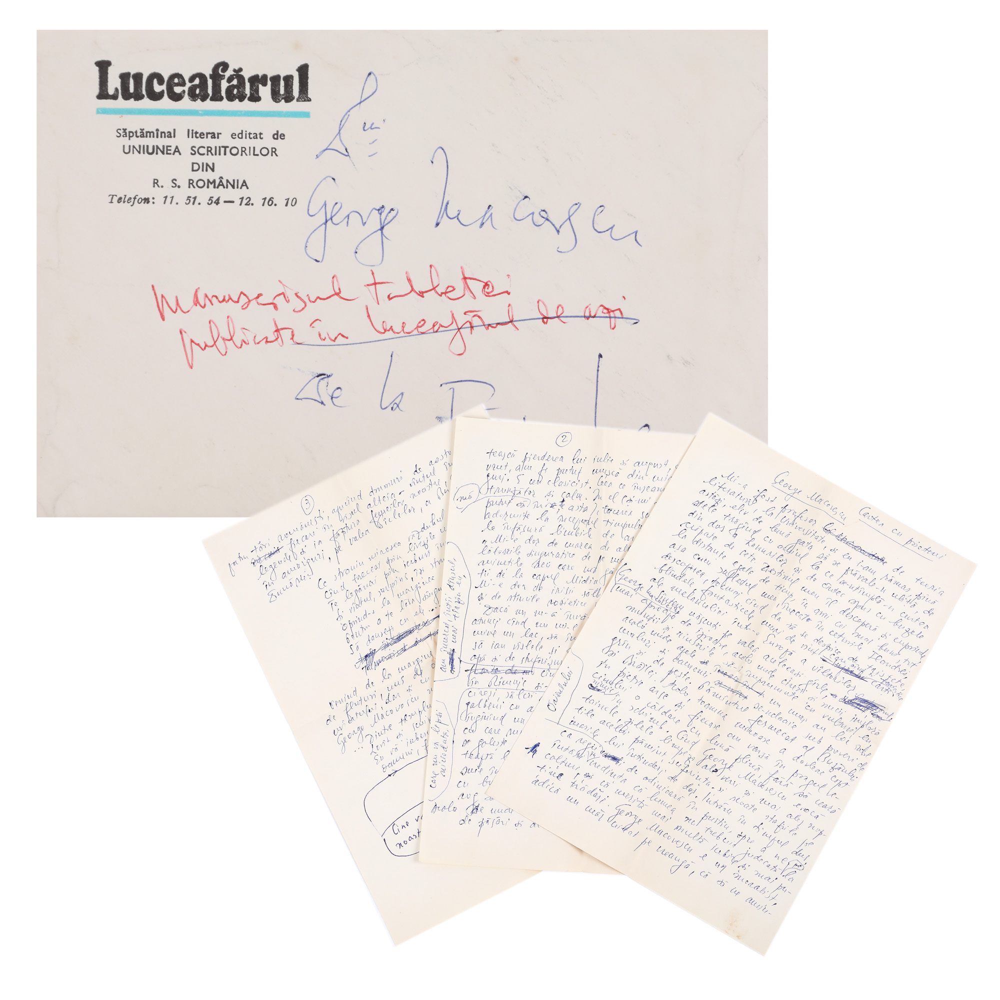 Manuscris ”Cartea cu prieteni”, de Fănuș Neagu, însoțit de plic, cu semnătură olografă, provine din colecția fostului ministru de externe George Macovescu (3 file)