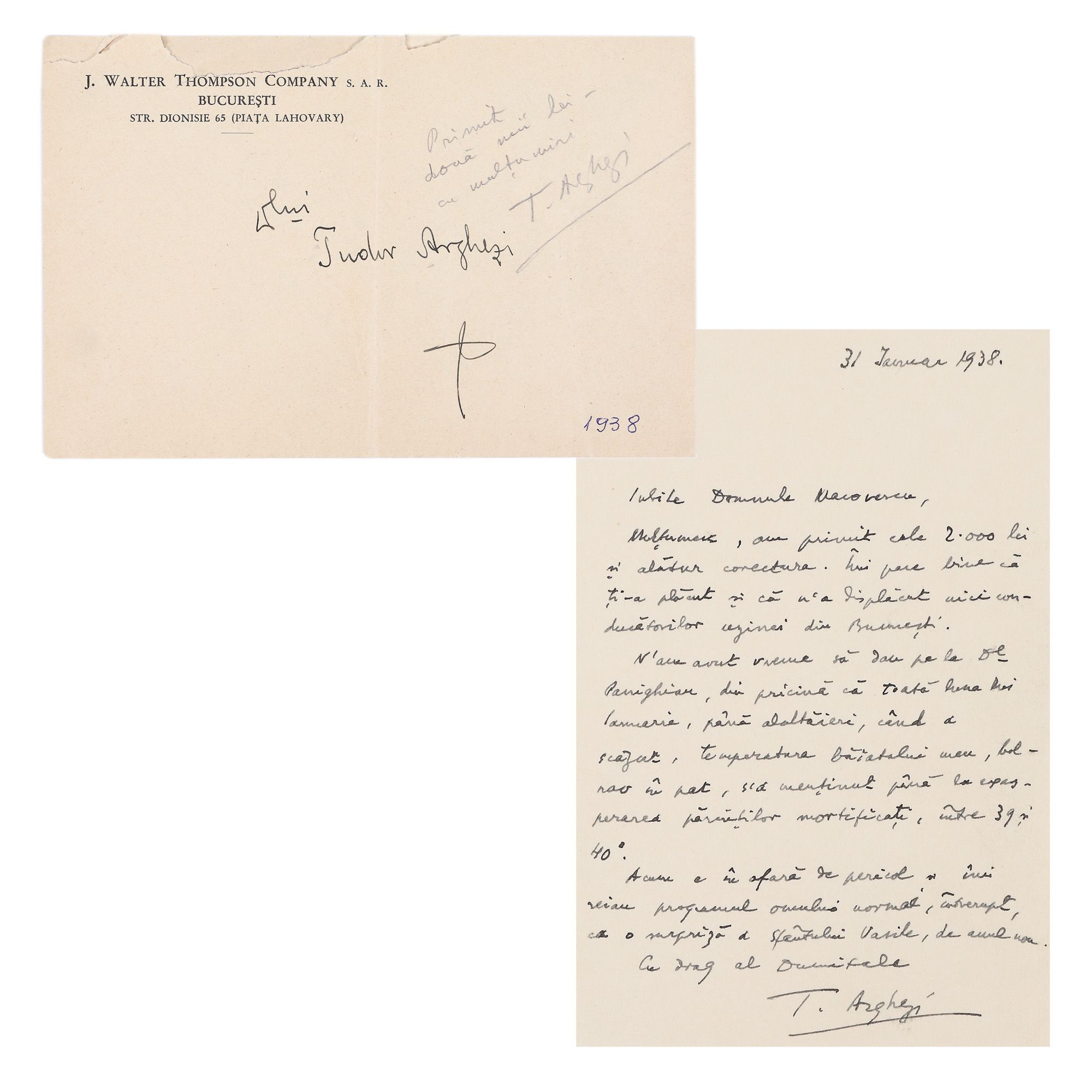 Corespondență trimisă de Tudor Arghezi către George Macovescu, însoțită de plic, cu semnătura olografă a scriitorului, datată 31 ianuarie 1938, provine din colecția fostului ministru de externe George Macovescu