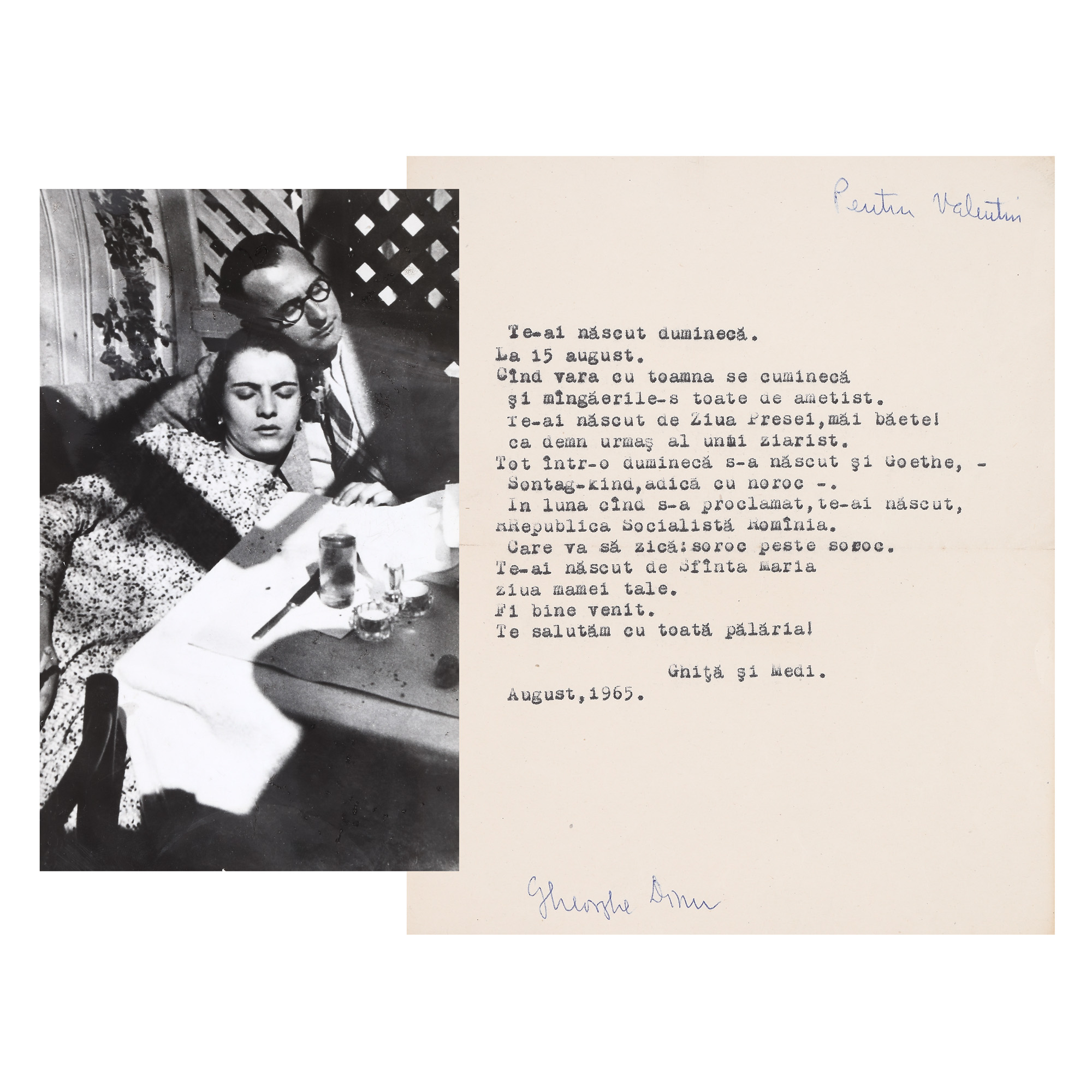 Batch consisting of manuscript typed by Stefan Roll to Valentin Macovescu and photo illustrating Stefan Roll and Medi Dinu, with the dedication "...peste două cântece ațipite la umbra unui șpriț..." ("...over two songs dozing in the shadow of a drink...") for George Macovescu and the handwritten signature of Stefan Roll, 1965 and 1966, collector's items, from the collection of former Foreign Minister George Macovescu