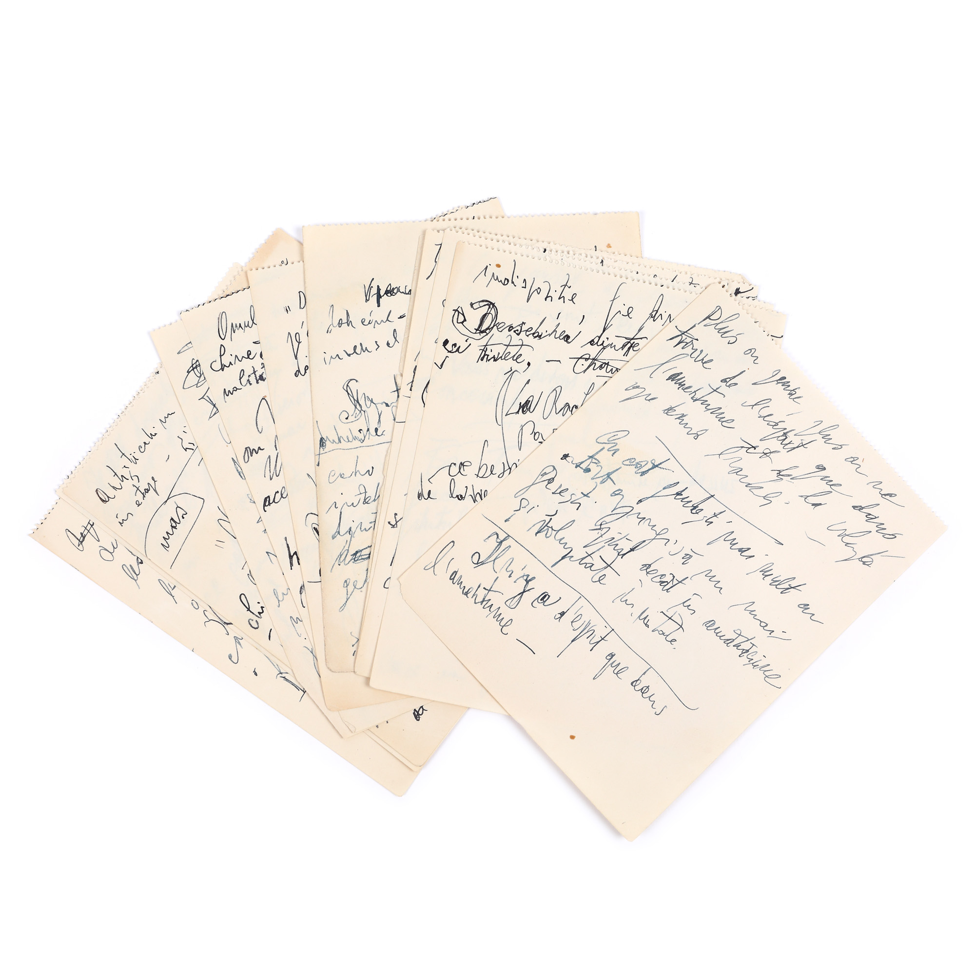 File de carnet cuprinzând cugetări și gânduri scrise de Emil Cioran în română și franceză (12 file)