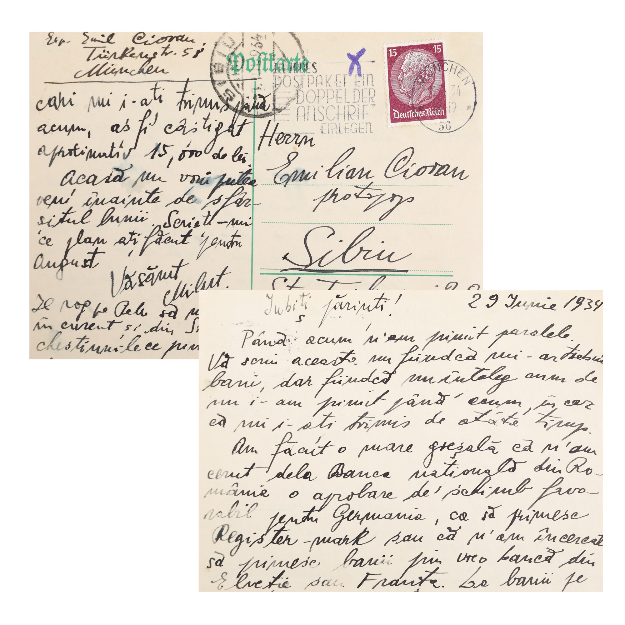 Postcard sent by Emil Cioran to his parents regarding various financial matters, June 29th, 1934