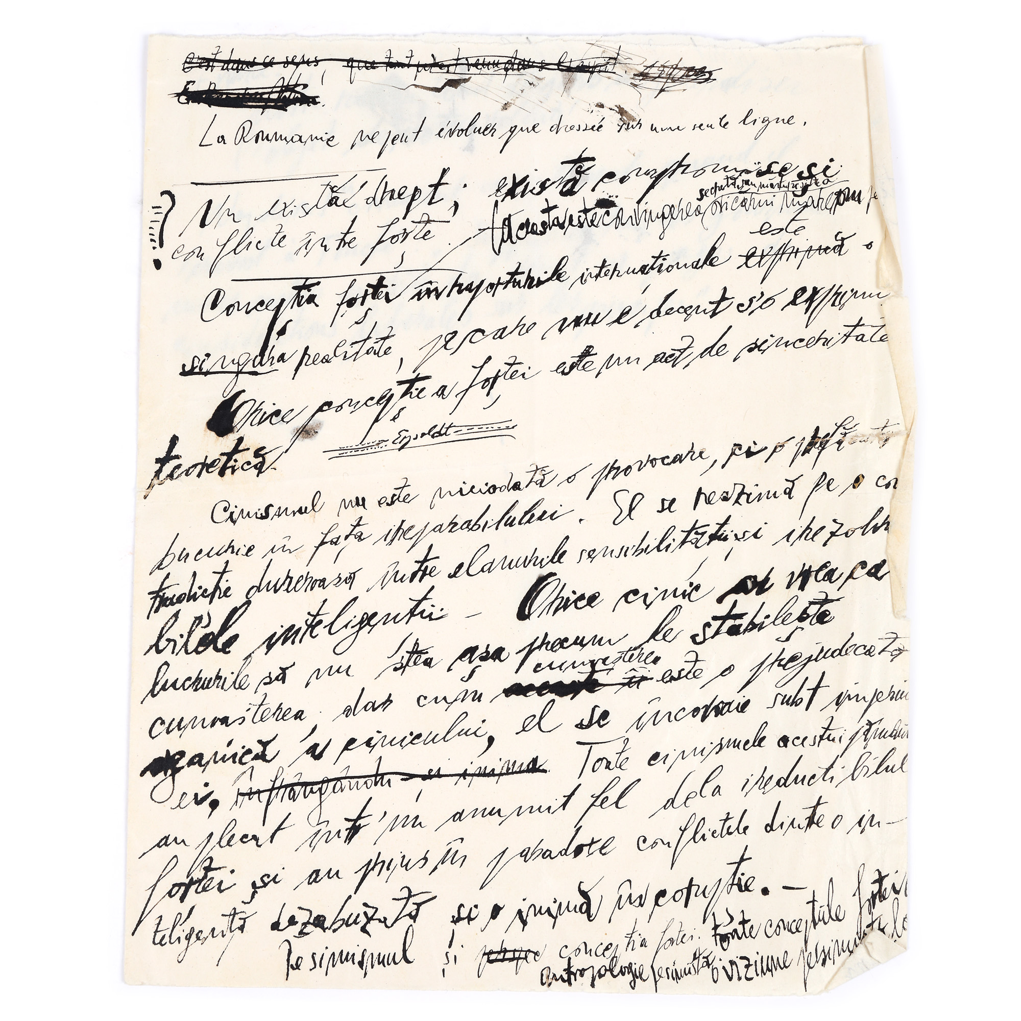 Emil Cioran manuscript, Romanian and French, includes philosophical musings about cynicism and Napoleon I.