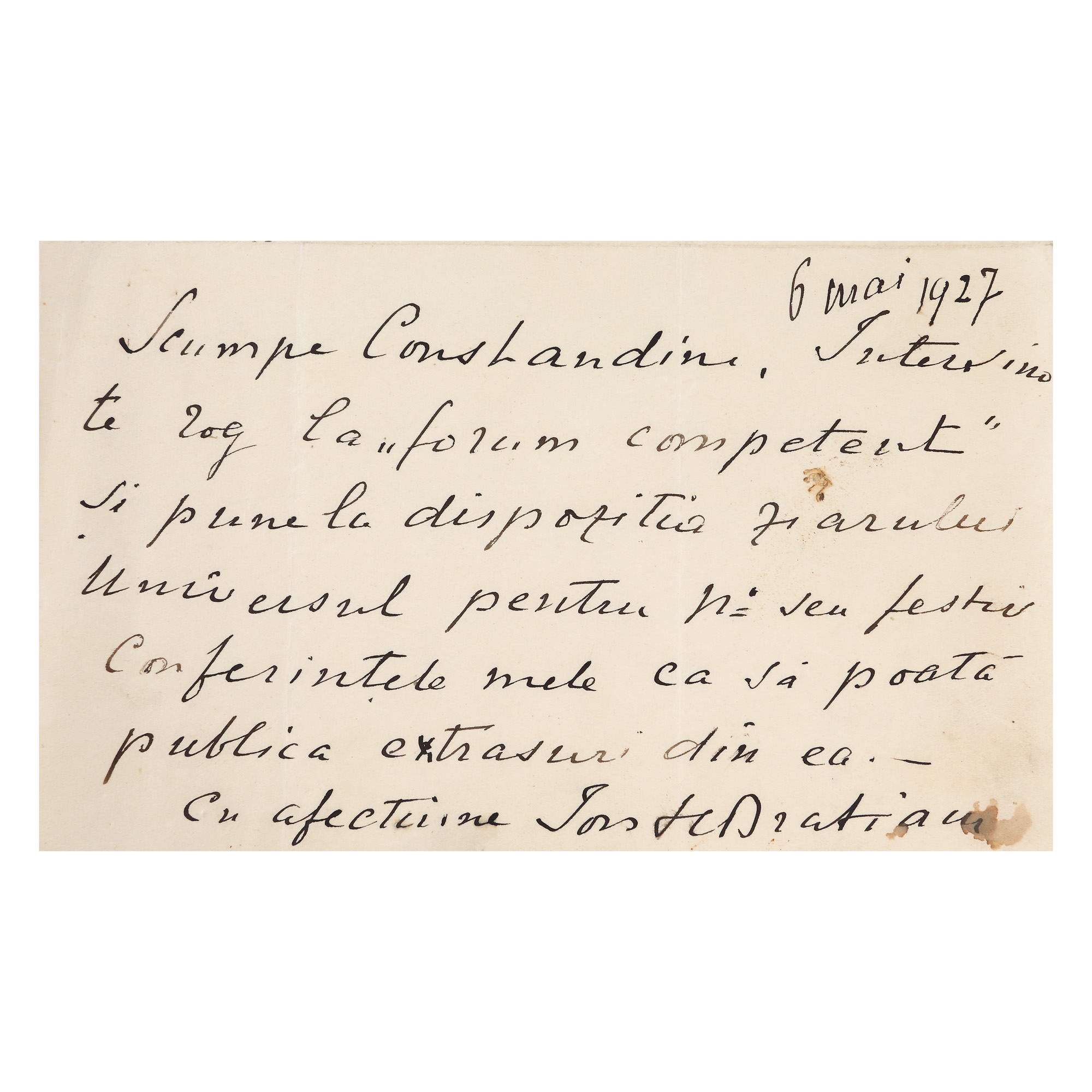 Letter sent by Ion I.C. Brătianu to his brother Constantin I.C. Brătianu, about the publication of articles in the "Universul" ("Universe") newspaper, May 6th, 1927, with handwritten signature