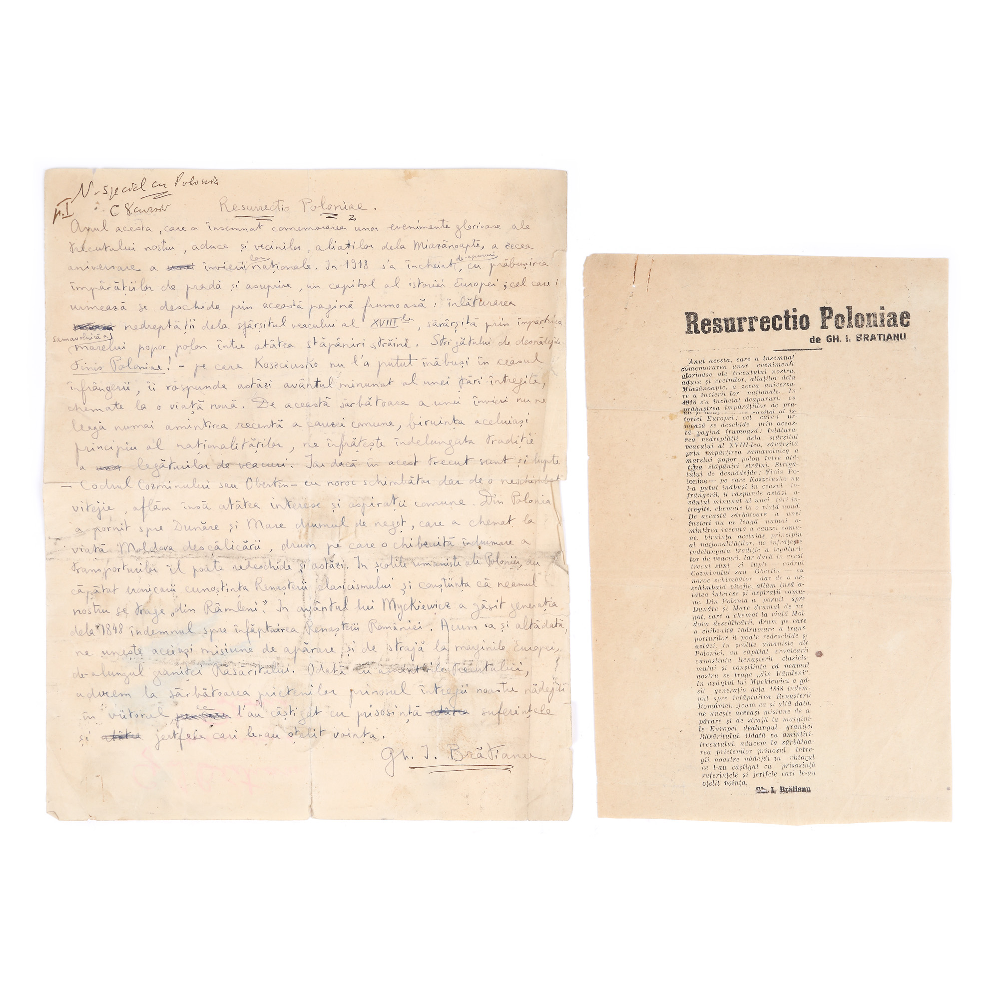 Batch consisting of the manuscript of the Article "Resurrectio Poloniae", by Gheorghe I. Brătianu, with handwritten signature, and print sample