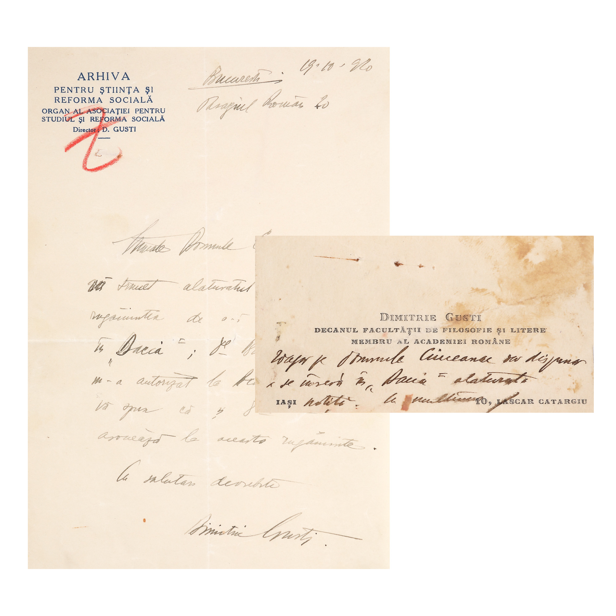Batch consisting of letter and business card sent by Dimitrie Gusti, Bucharest, October 19th, 1920, with handwritten signature and the header of the Arhiva pentru Știință și Reformă Socială (Archive for Science and Social Reform) magazine, rare, collector's item