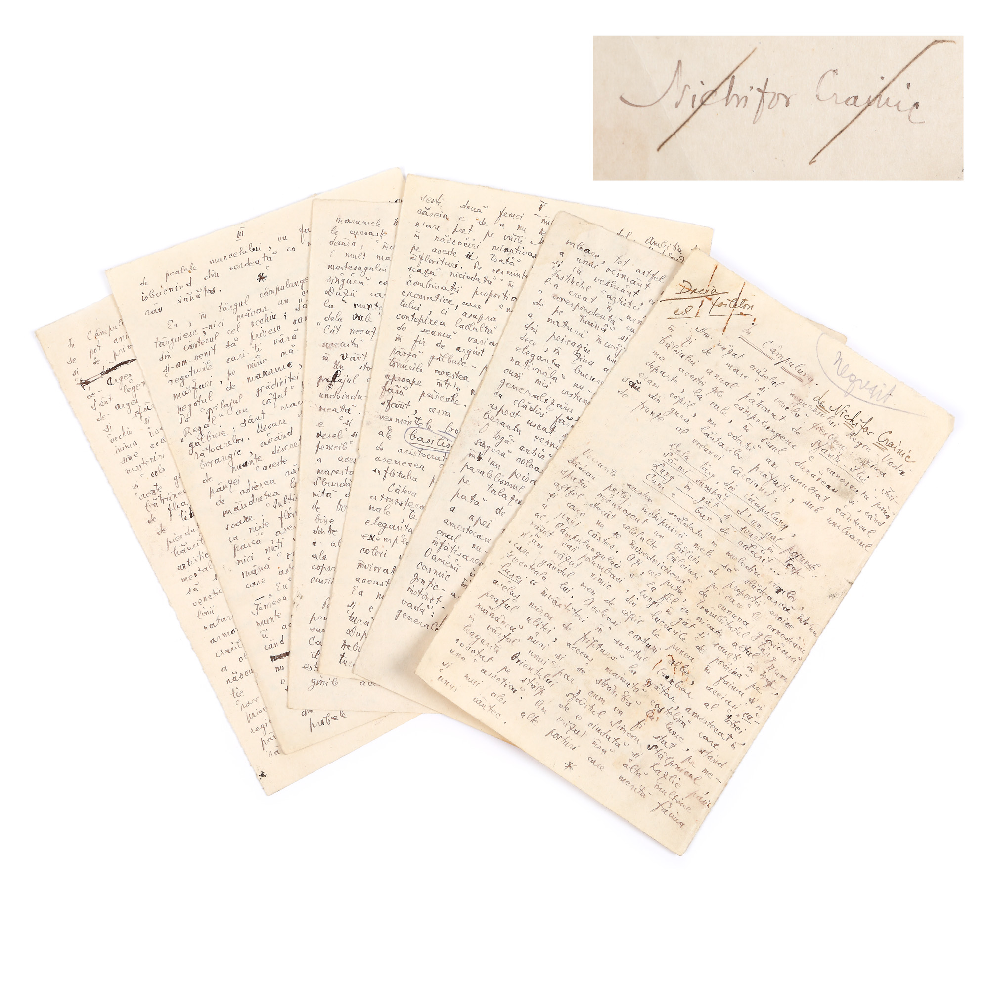 "În Câmpulung" ("In Câmpulung") manuscript, by Nichifor Crainic, with handwritten signature (6 pages)