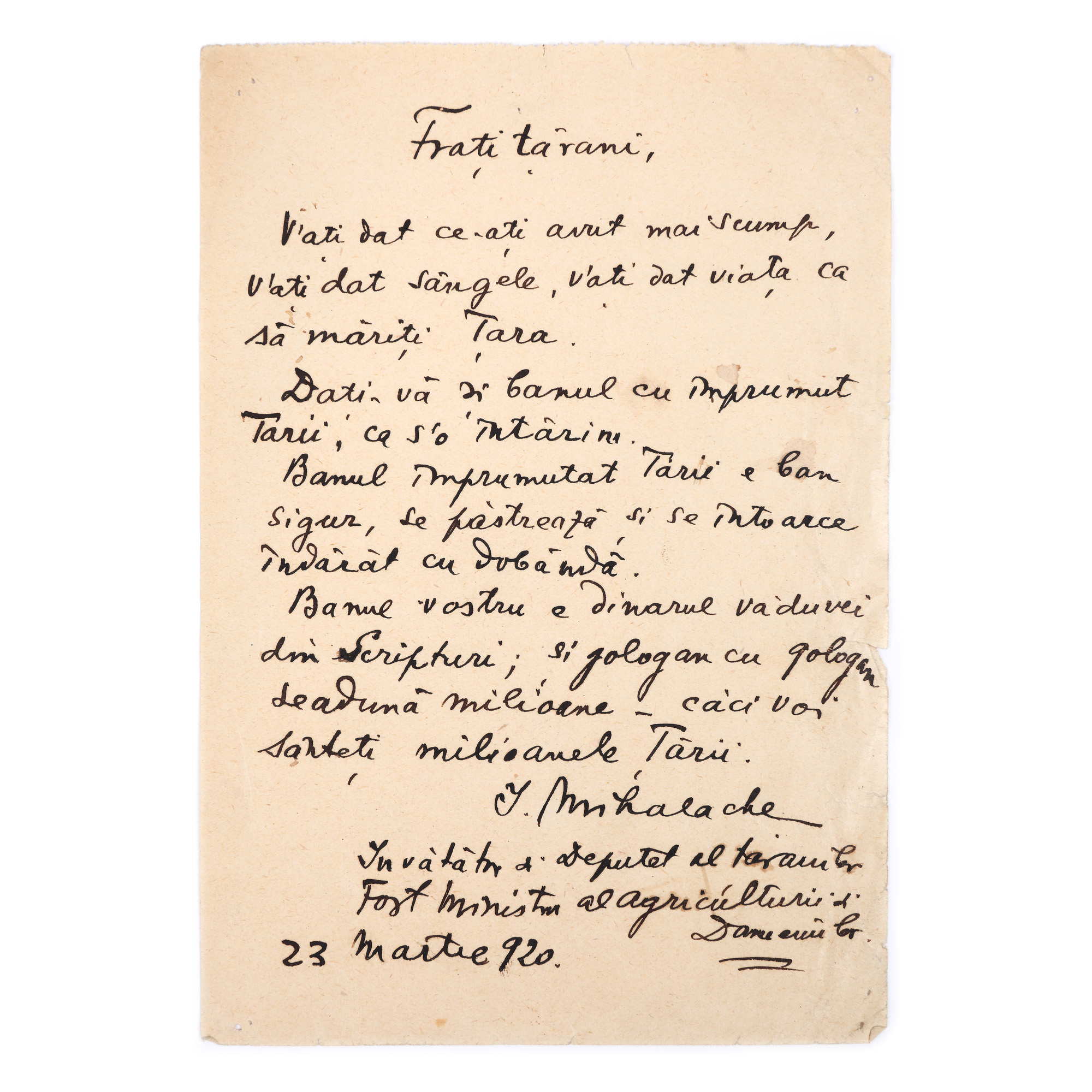 "Frați Țărani" ("Peasant brothers") manuscript, by Ion Mihalache, March 23rd, 1920, with handwritten signature, extremely rare, collector's item