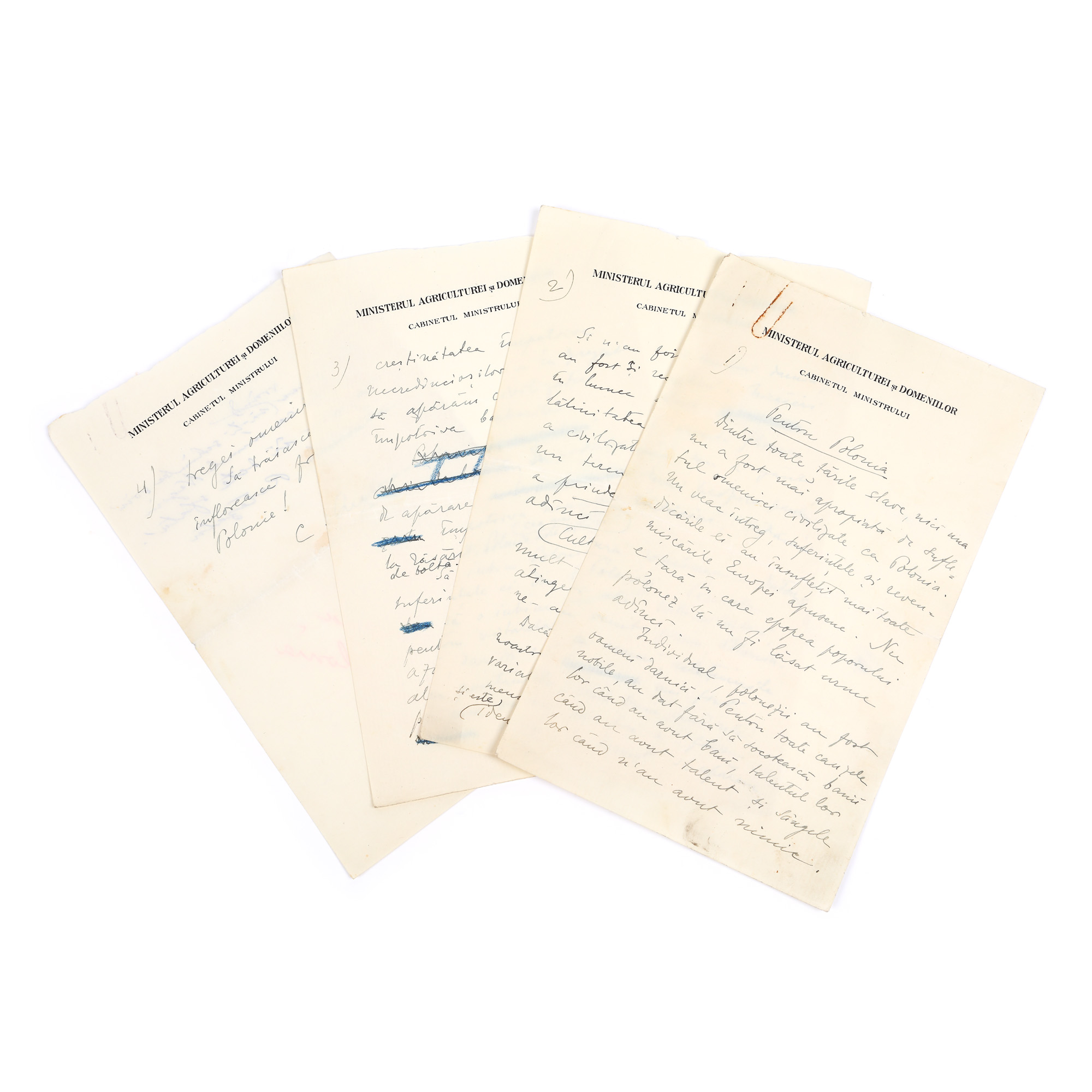 Manuscris ”Pentru Polonia”, de Constantin Argetoianu, cu semnătura olografă (4 file)