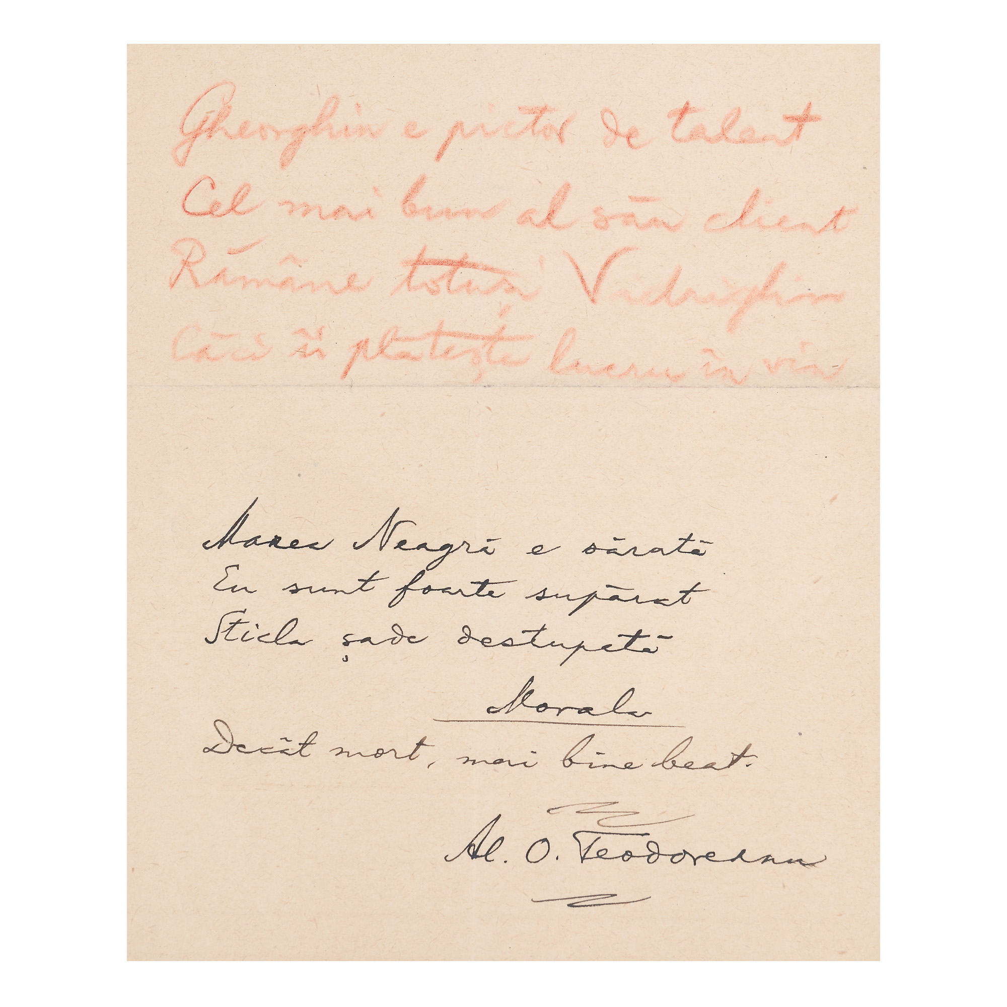 Manuscrisul epigramei ”Marea Neagră e sărată”, de Păstorel Teodoreanu, cu semnătura olografă, piesă rară, de colecție